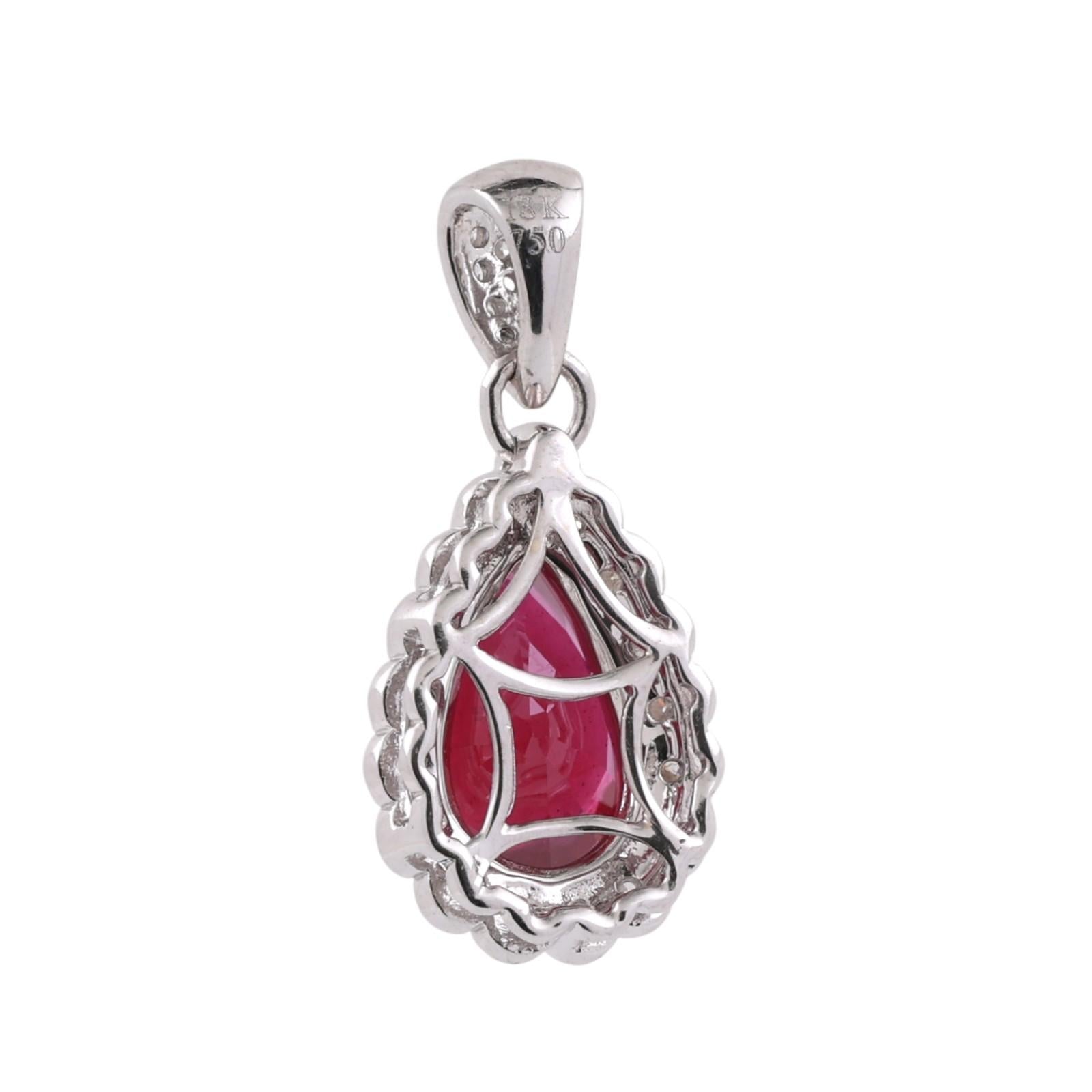 Pear Cut Ruby Halo Diamond Pendant Charm 18K White Gold 3.25 CTW 1" Estate
