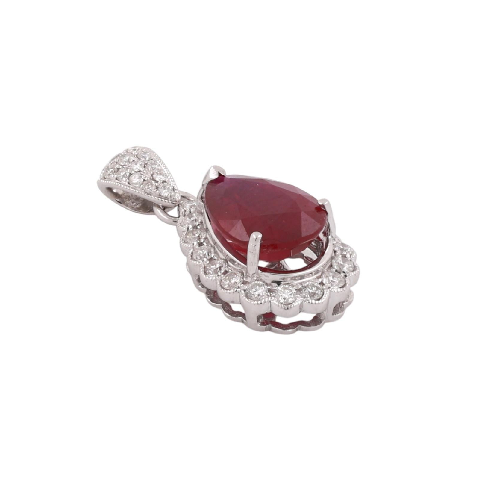 Pear Cut Ruby Halo Diamond Pendant Charm 18K White Gold 3.25 CTW 1" Estate