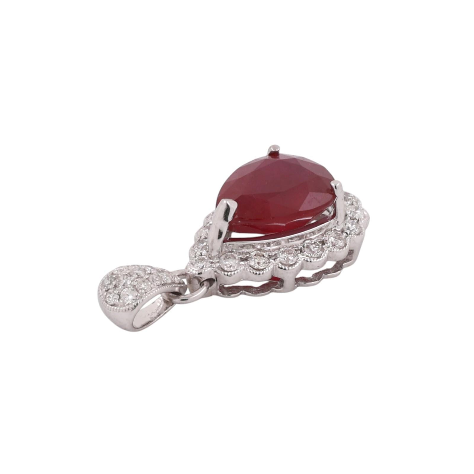 Pear Cut Ruby Halo Diamond Pendant Charm 18K White Gold 3.25 CTW 1" Estate