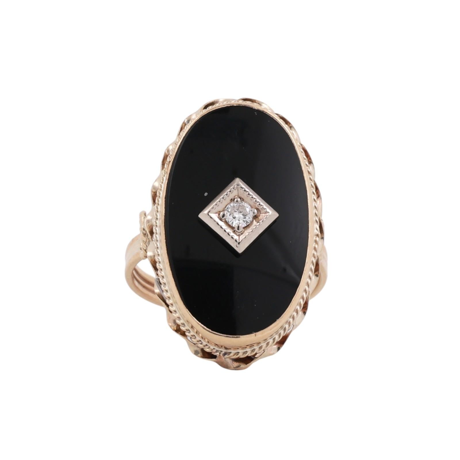 Vintage Black Onyx Diamond Accent Statement Ring 2-Tone Gold Size 6.25 Ladies