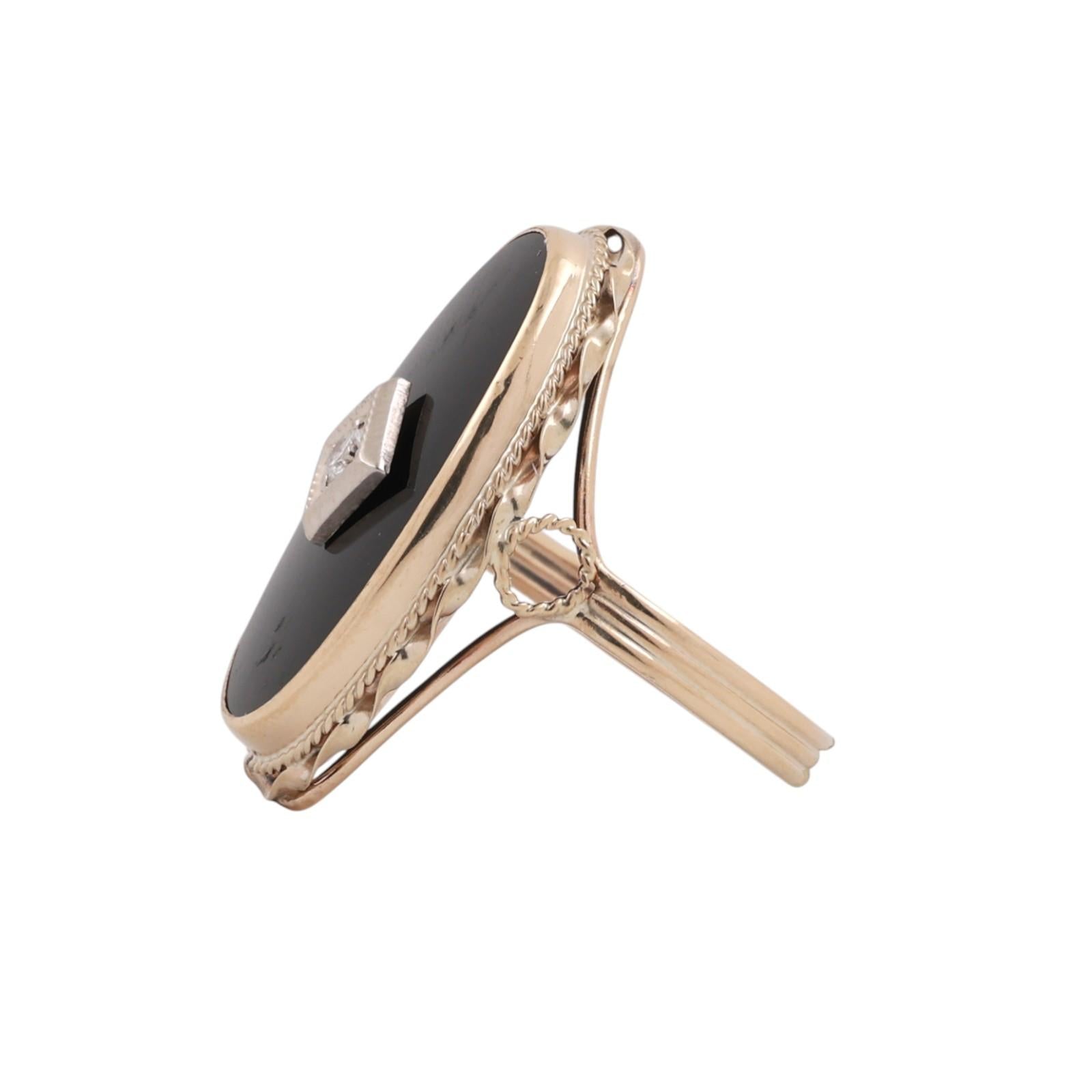 Vintage Black Onyx Diamond Accent Statement Ring 2-Tone Gold Size 6.25 Ladies