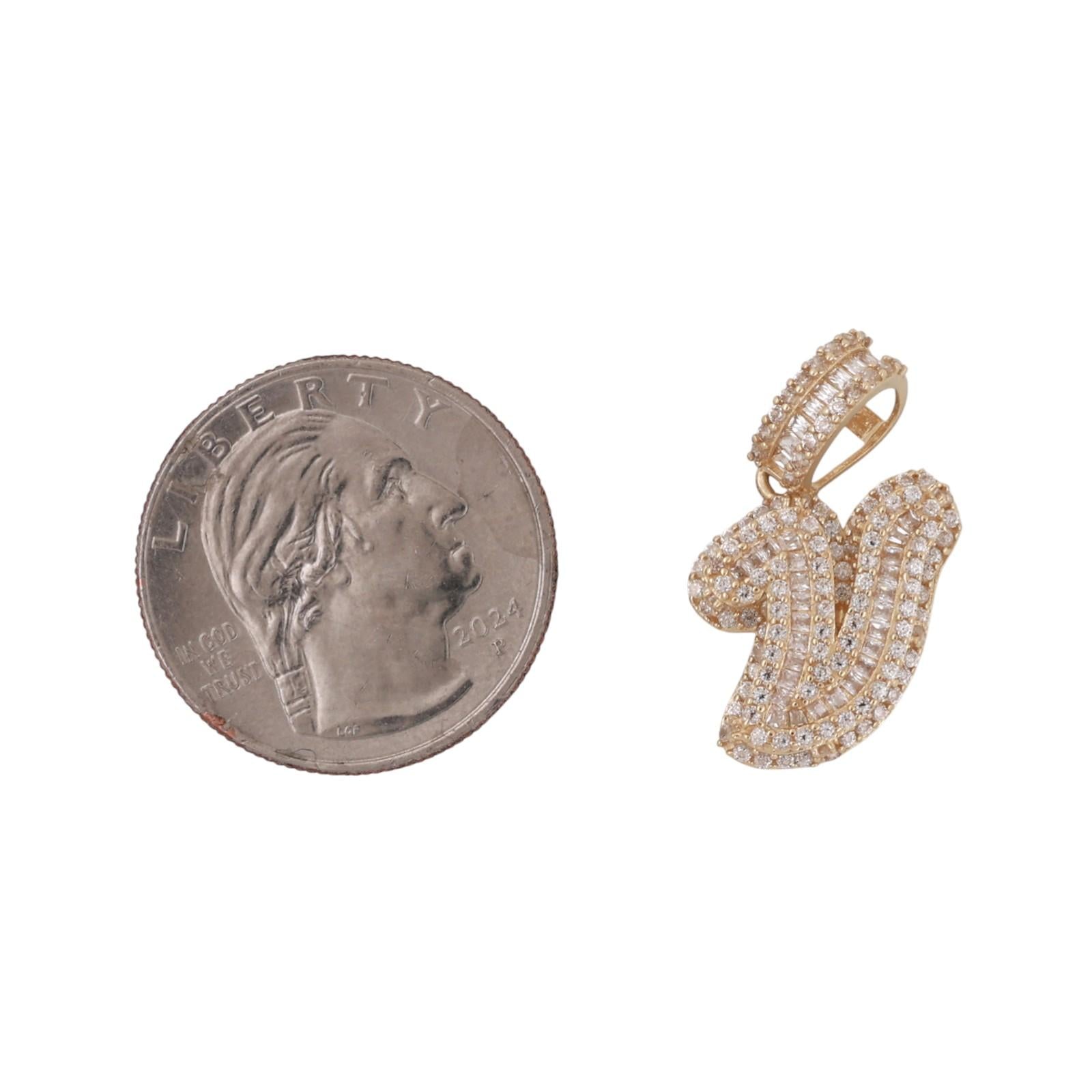 Fancy Letter V Cubic Zirconia Pendant 14K Yellow Gold 1" Unisex Estate
