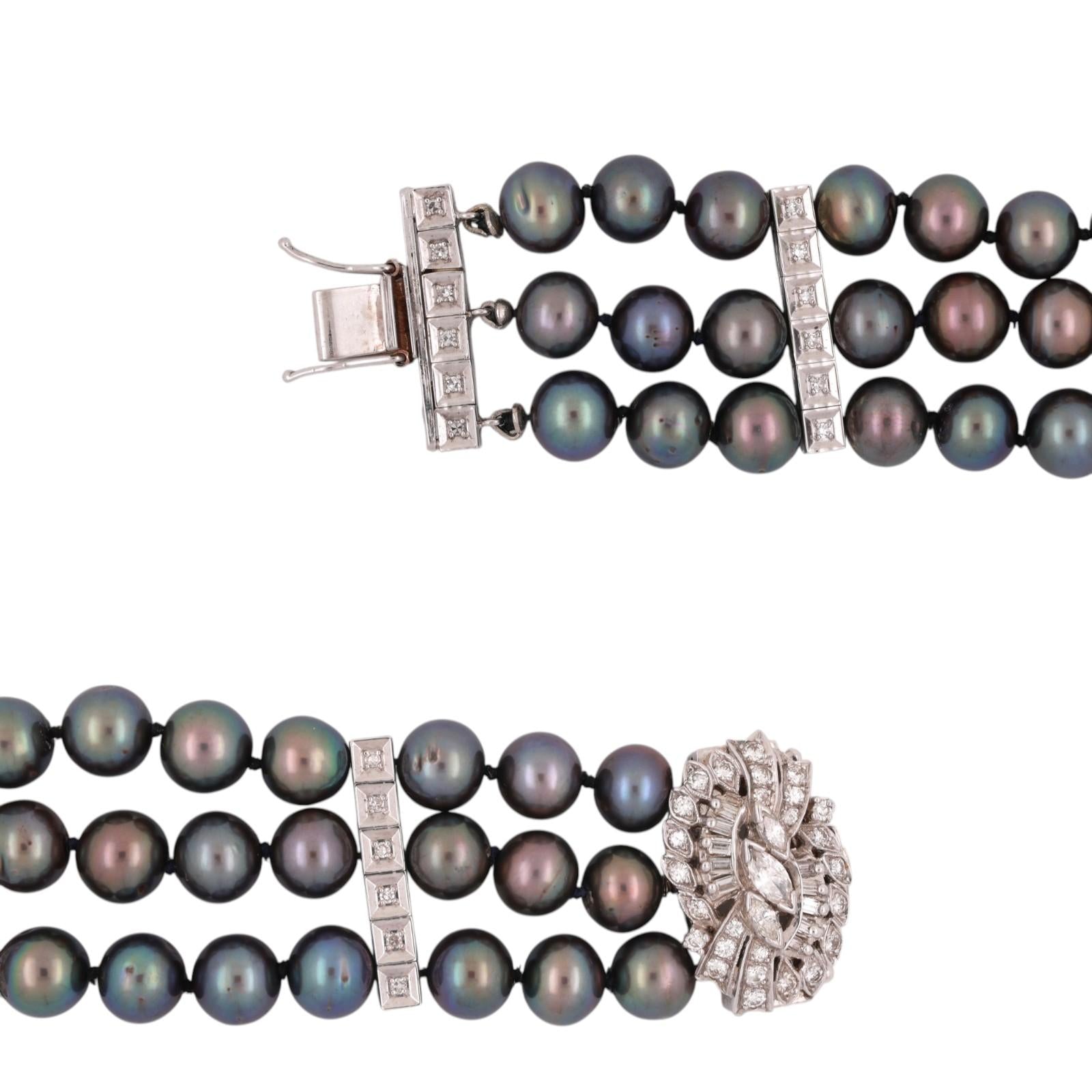 3 Strand Freshwater Pearl Diamond Bracelet 14K White Gold 7.5" GIA 1.50CT
