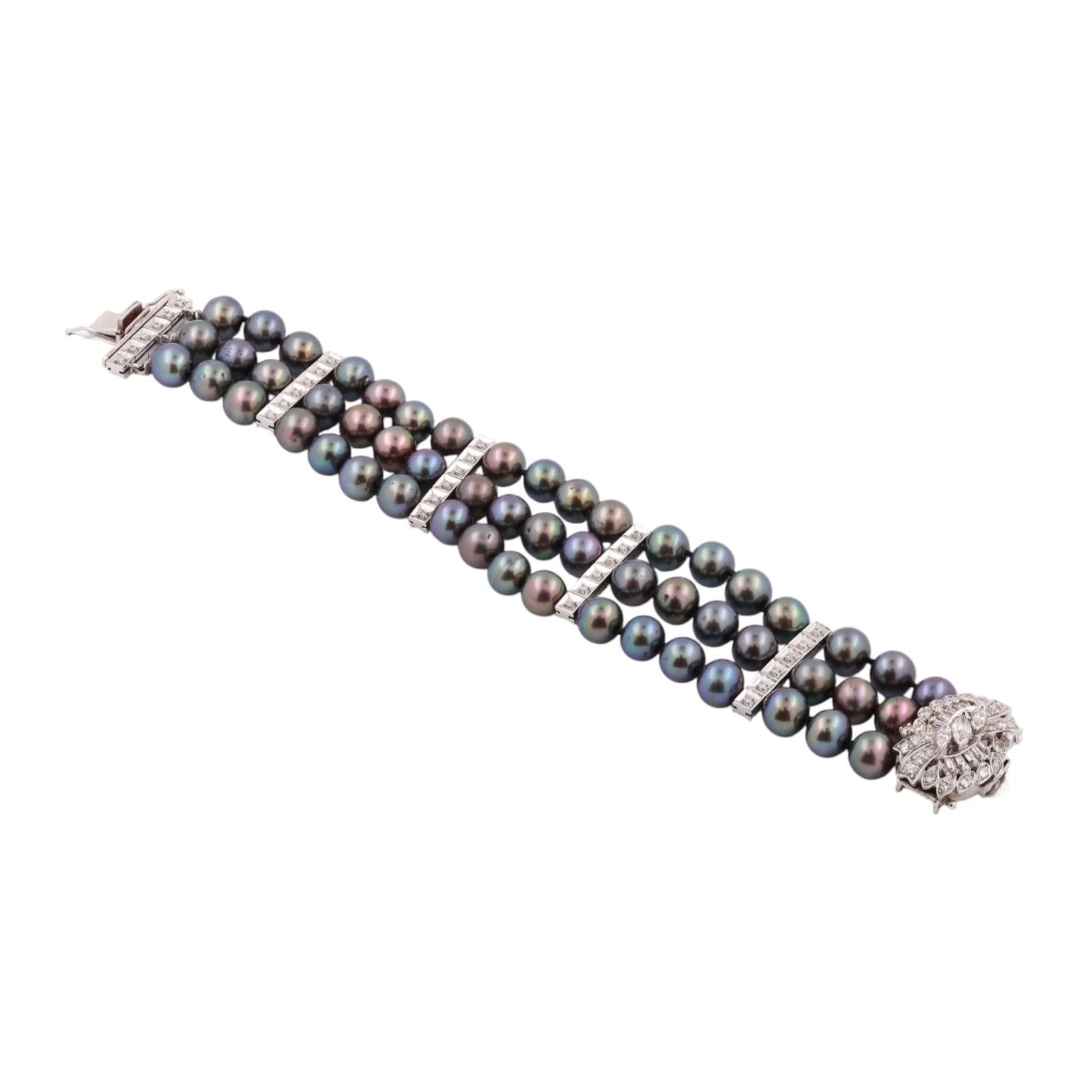 3 Strand Freshwater Pearl Diamond Bracelet 14K White Gold 7.5" GIA 1.50CT