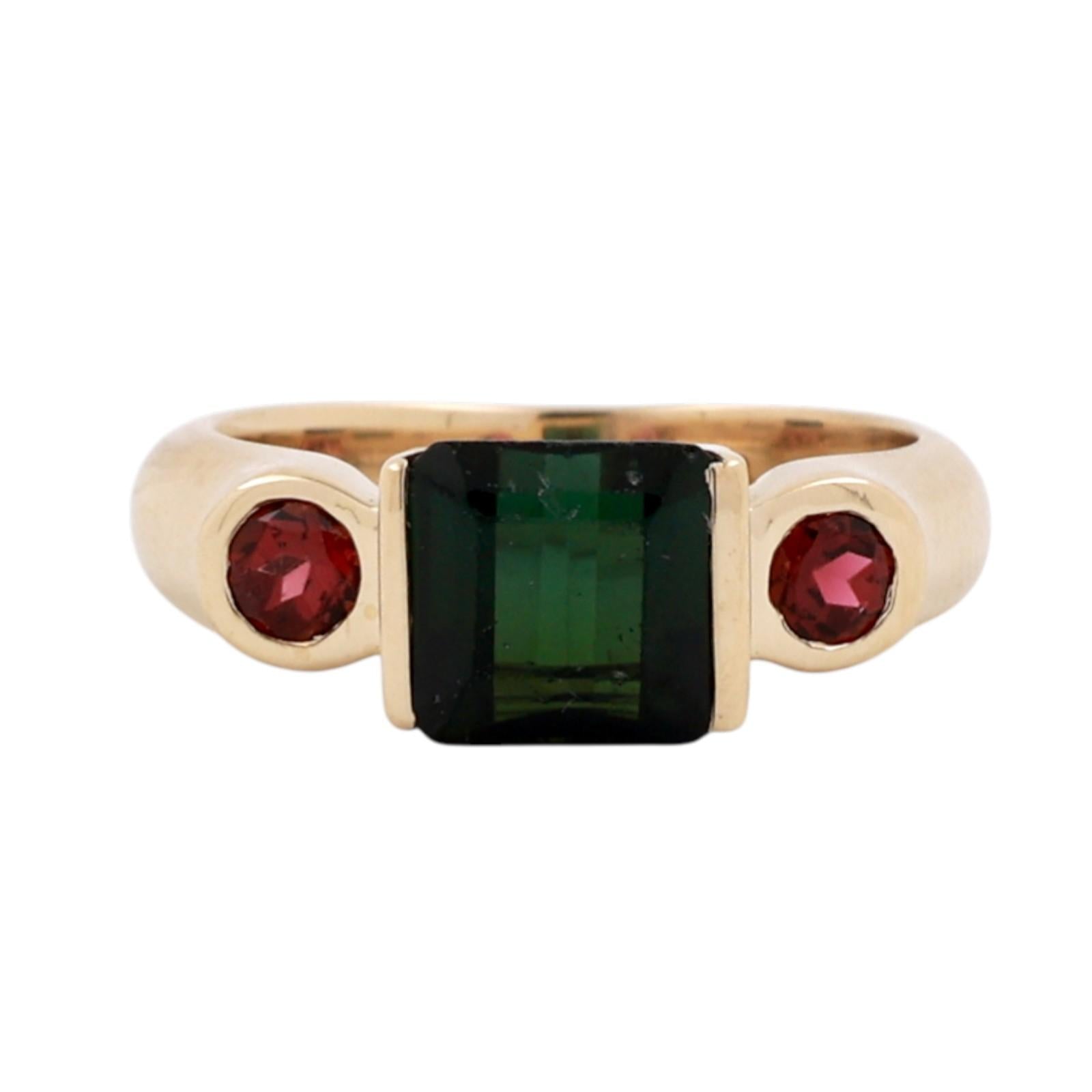 1.74 CTW Green and Pink Tourmaline Cocktail Ring 14K Yellow Gold Size 5.5 Ladies