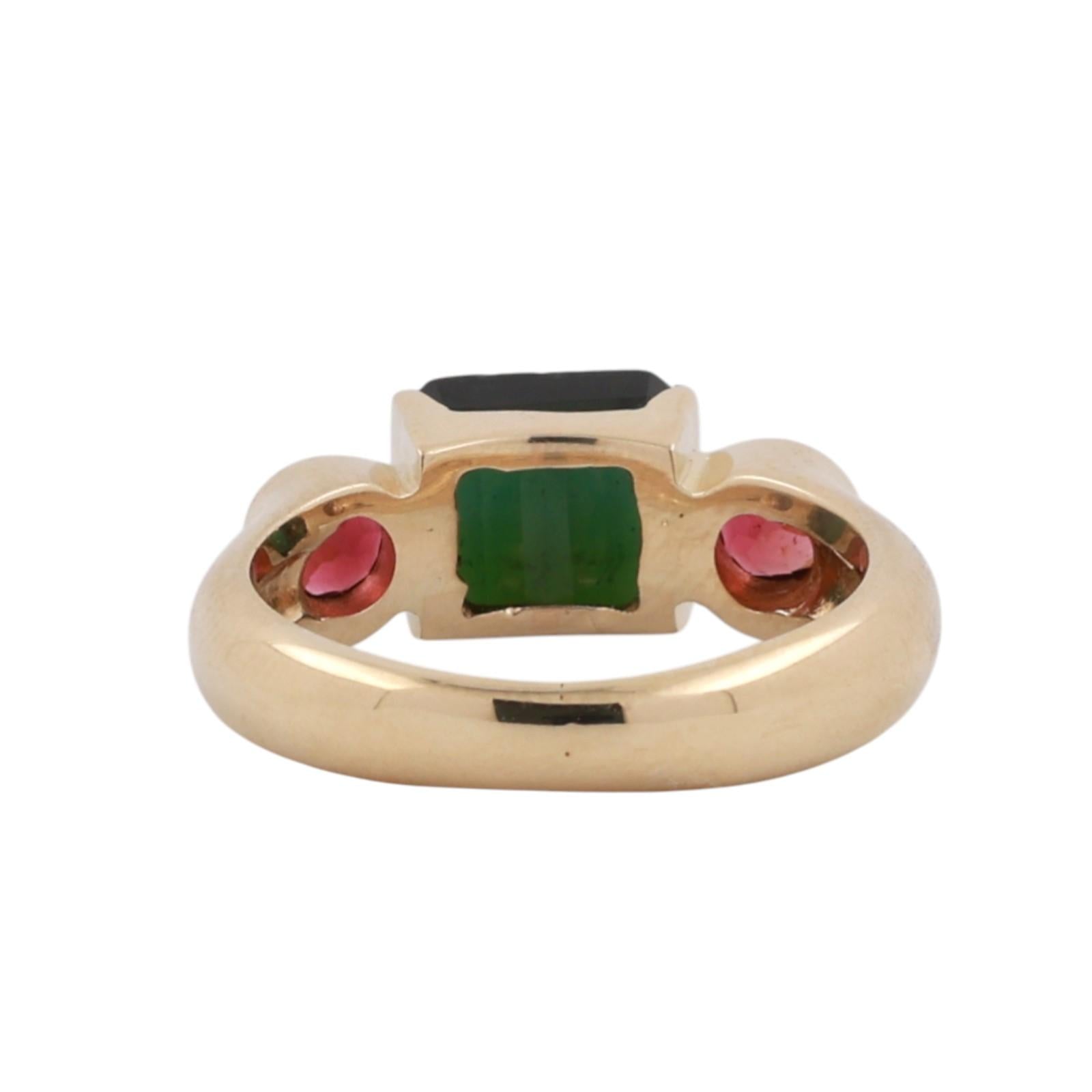 1.74 CTW Green and Pink Tourmaline Cocktail Ring 14K Yellow Gold Size 5.5 Ladies