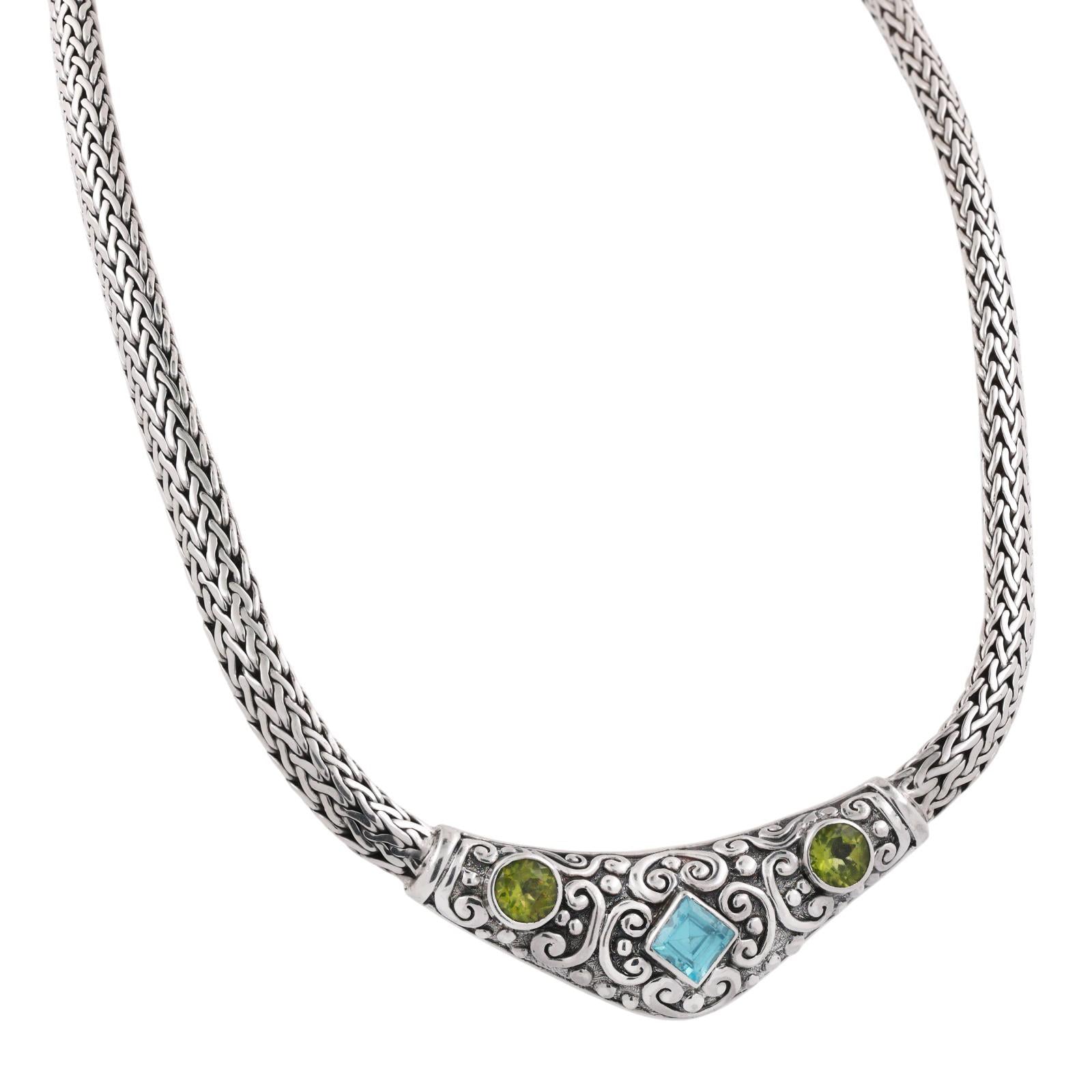 Blue Topaz Peridot Sterling Silver Wheat Chain Necklace 4.22 CTW 18.5"