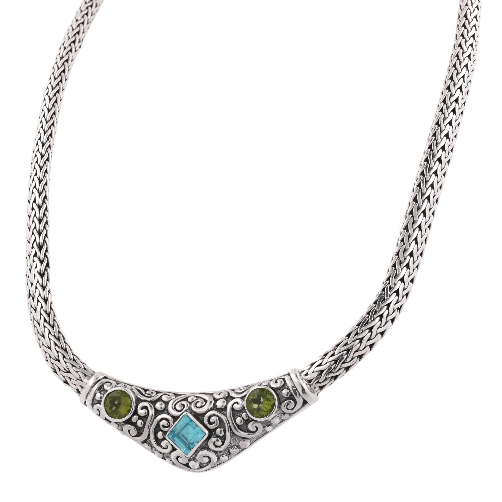 Blue Topaz Peridot Sterling Silver Wheat Chain Necklace 4.22 CTW 18.5"