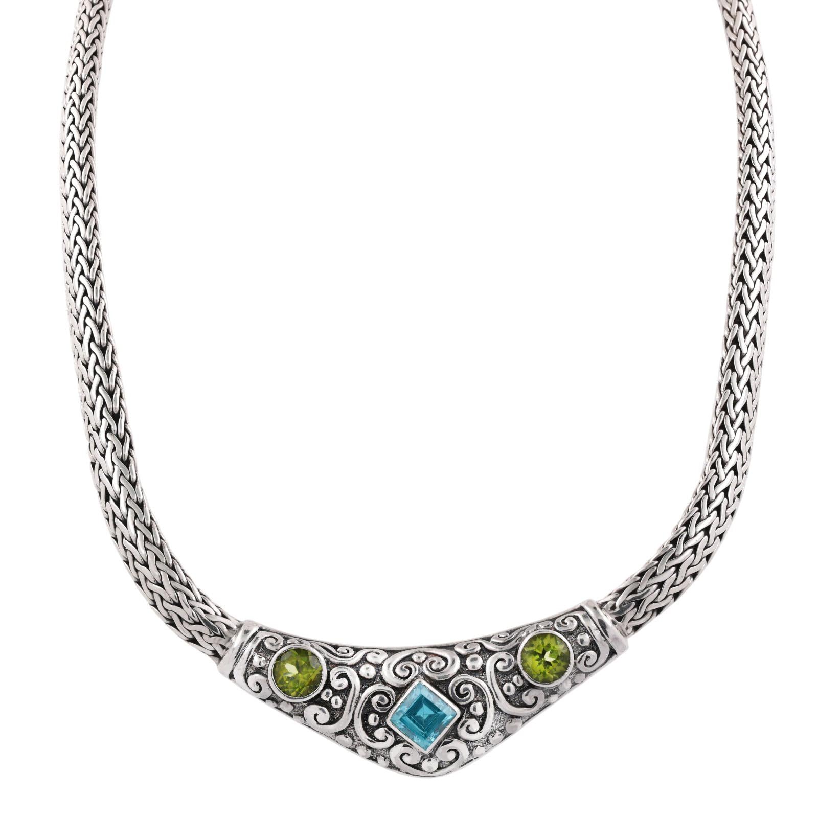 Blue Topaz Peridot Sterling Silver Wheat Chain Necklace 4.22 CTW 18.5"