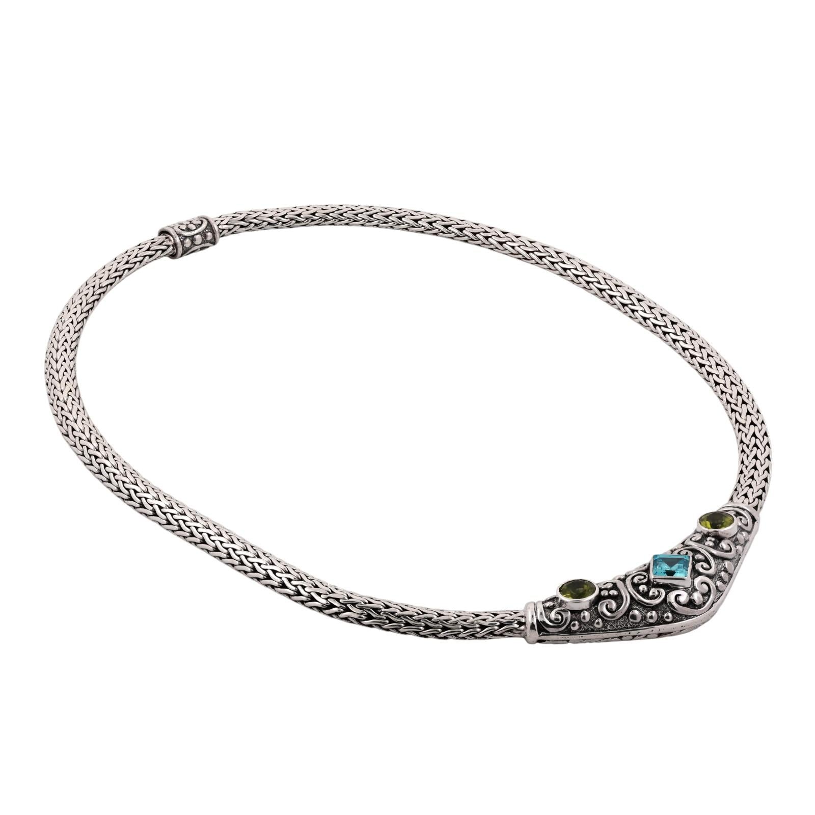 Blue Topaz Peridot Sterling Silver Wheat Chain Necklace 4.22 CTW 18.5"