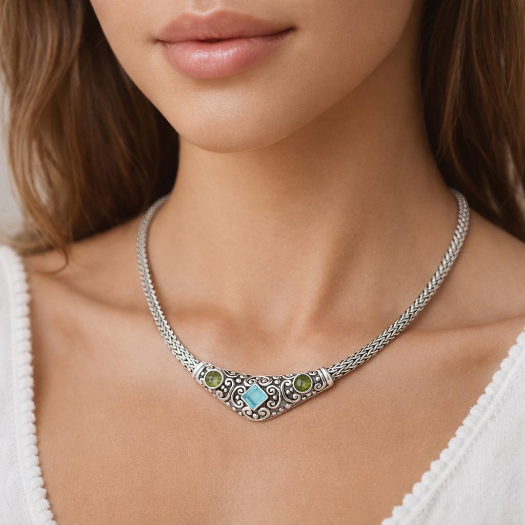 Blue Topaz Peridot Sterling Silver Wheat Chain Necklace 4.22 CTW 18.5"