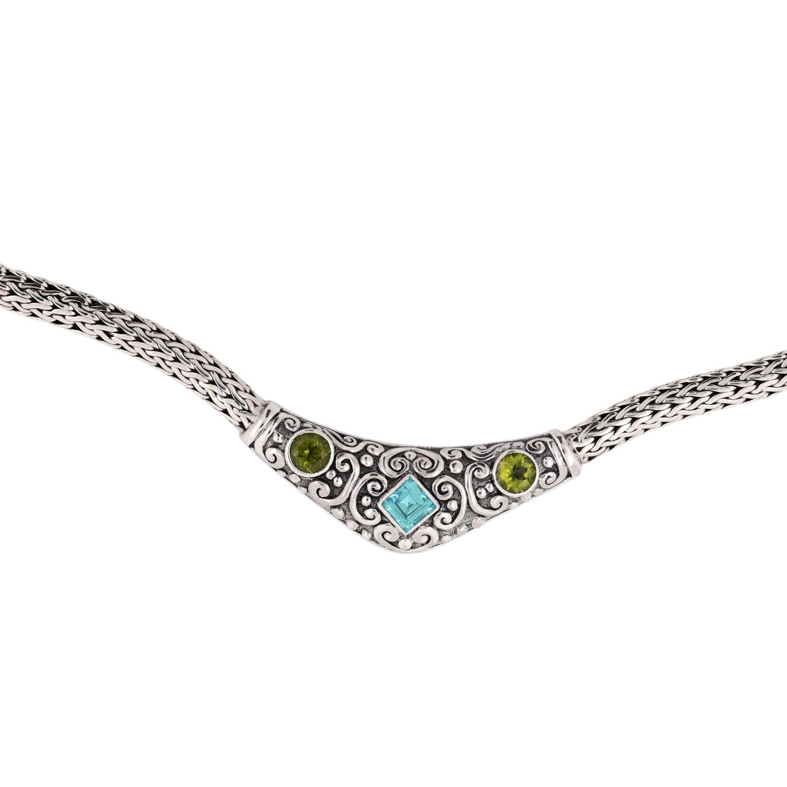 Blue Topaz Peridot Sterling Silver Wheat Chain Necklace 4.22 CTW 18.5"