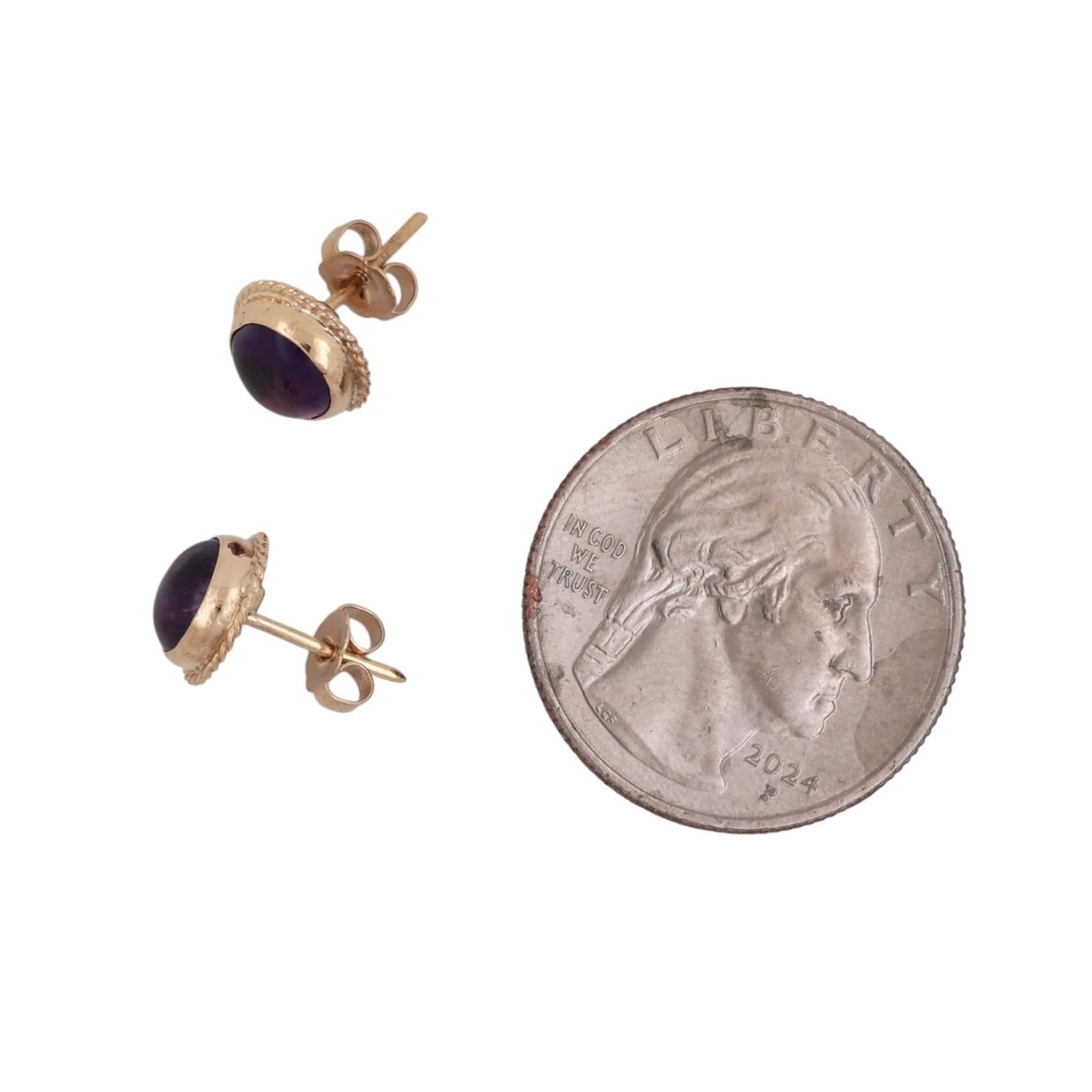 Round Amethyst Cabochon Stud Earrings 14K Yellow Gold 2.20 CTW Ladies Estate