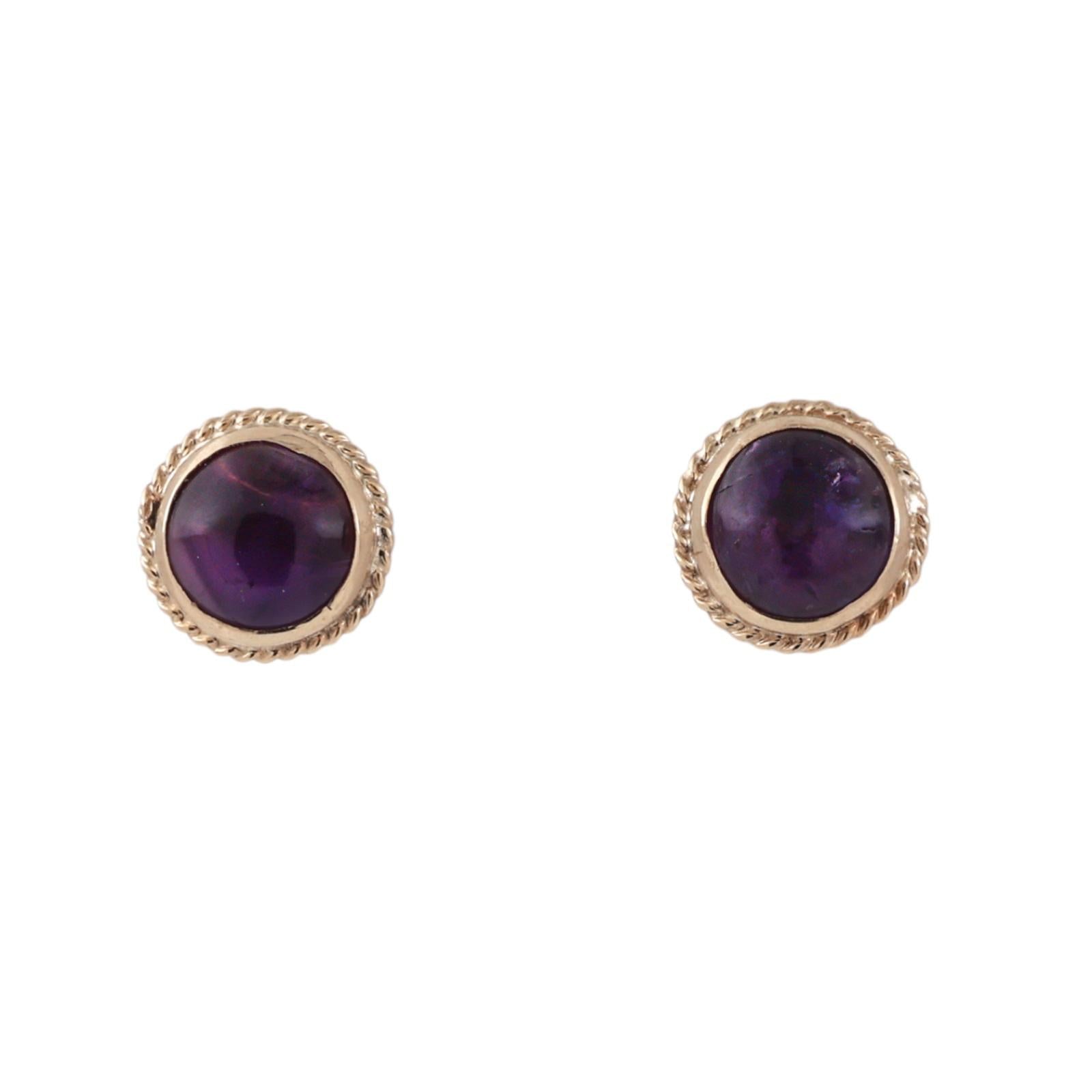 Round Amethyst Cabochon Stud Earrings 14K Yellow Gold 2.20 CTW Ladies Estate
