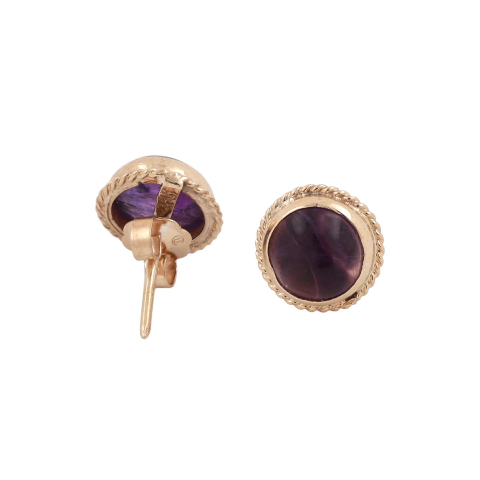 Round Amethyst Cabochon Stud Earrings 14K Yellow Gold 2.20 CTW Ladies Estate