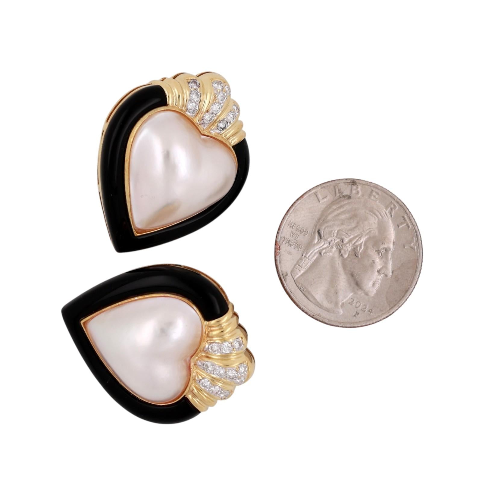 Mabe Pearl Onyx Diamond Heart Shape Earrings 18K Gold 0.90" Omega Backs