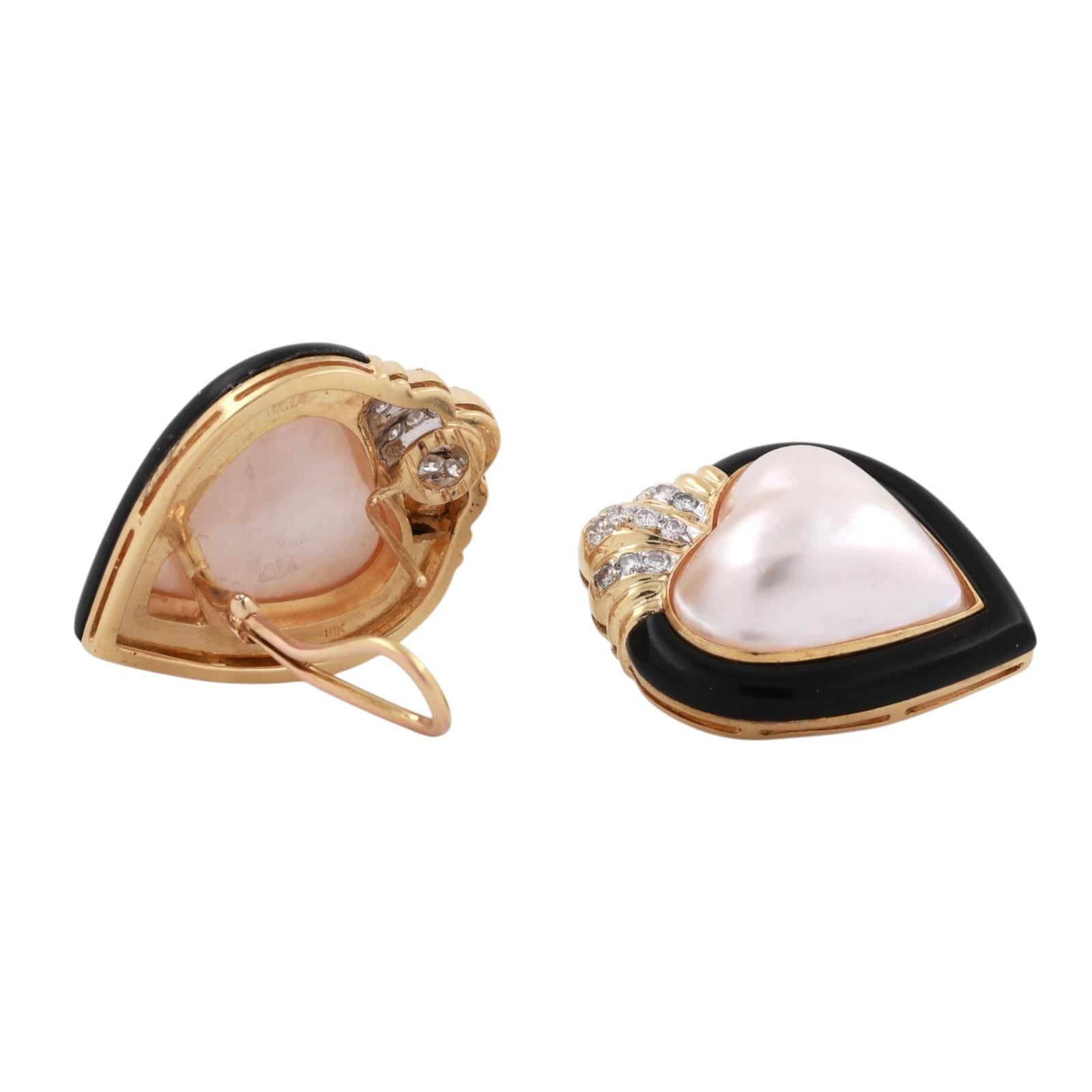 Mabe Pearl Onyx Diamond Heart Shape Earrings 18K Gold 0.90" Omega Backs