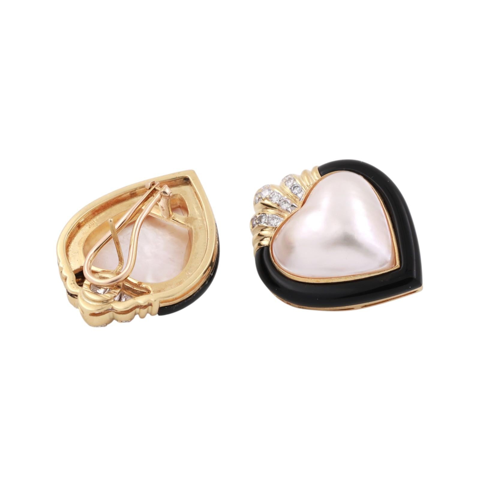 Mabe Pearl Onyx Diamond Heart Shape Earrings 18K Gold 0.90" Omega Backs