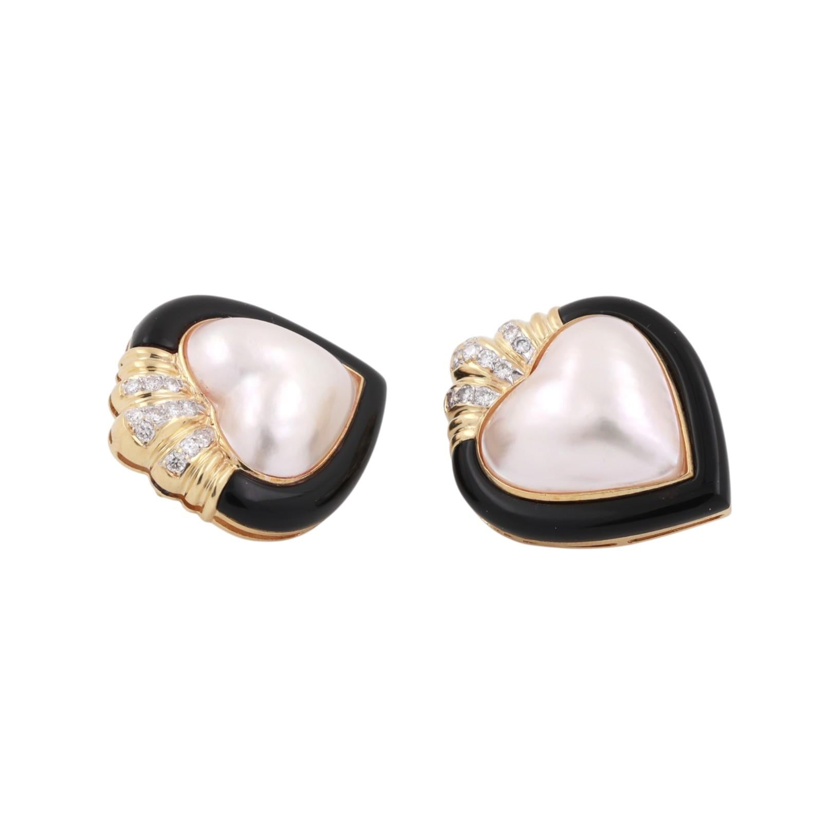 Mabe Pearl Onyx Diamond Heart Shape Earrings 18K Gold 0.90" Omega Backs