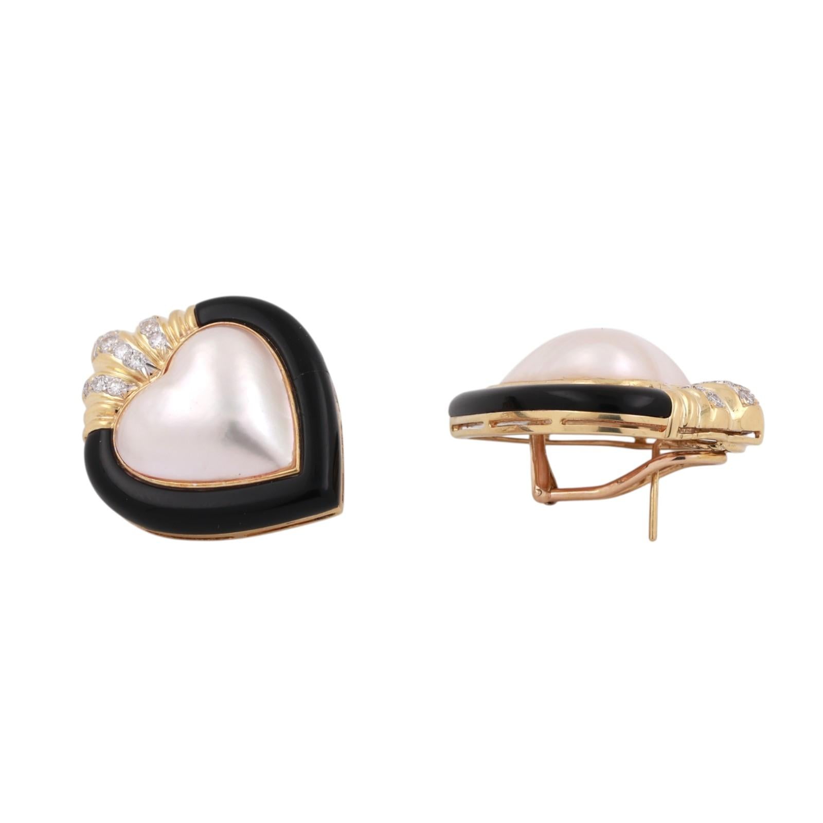 Mabe Pearl Onyx Diamond Heart Shape Earrings 18K Gold 0.90" Omega Backs