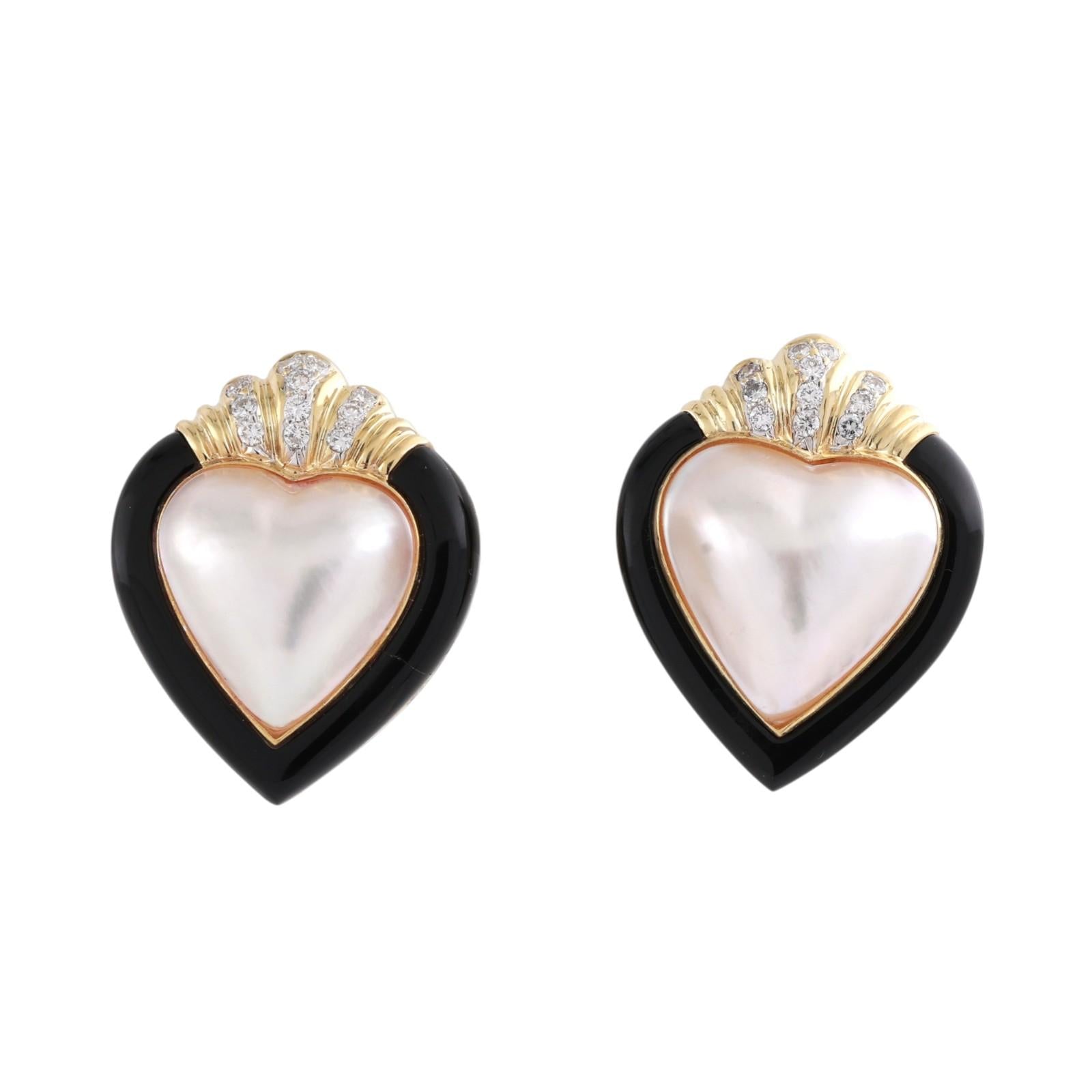 Mabe Pearl Onyx Diamond Heart Shape Earrings 18K Gold 0.90" Omega Backs