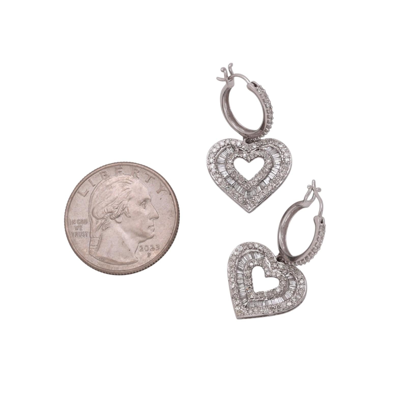 10K White Gold 2.50CT Diamond Double Heart Dangle Earrings Baguette Round 1.22"