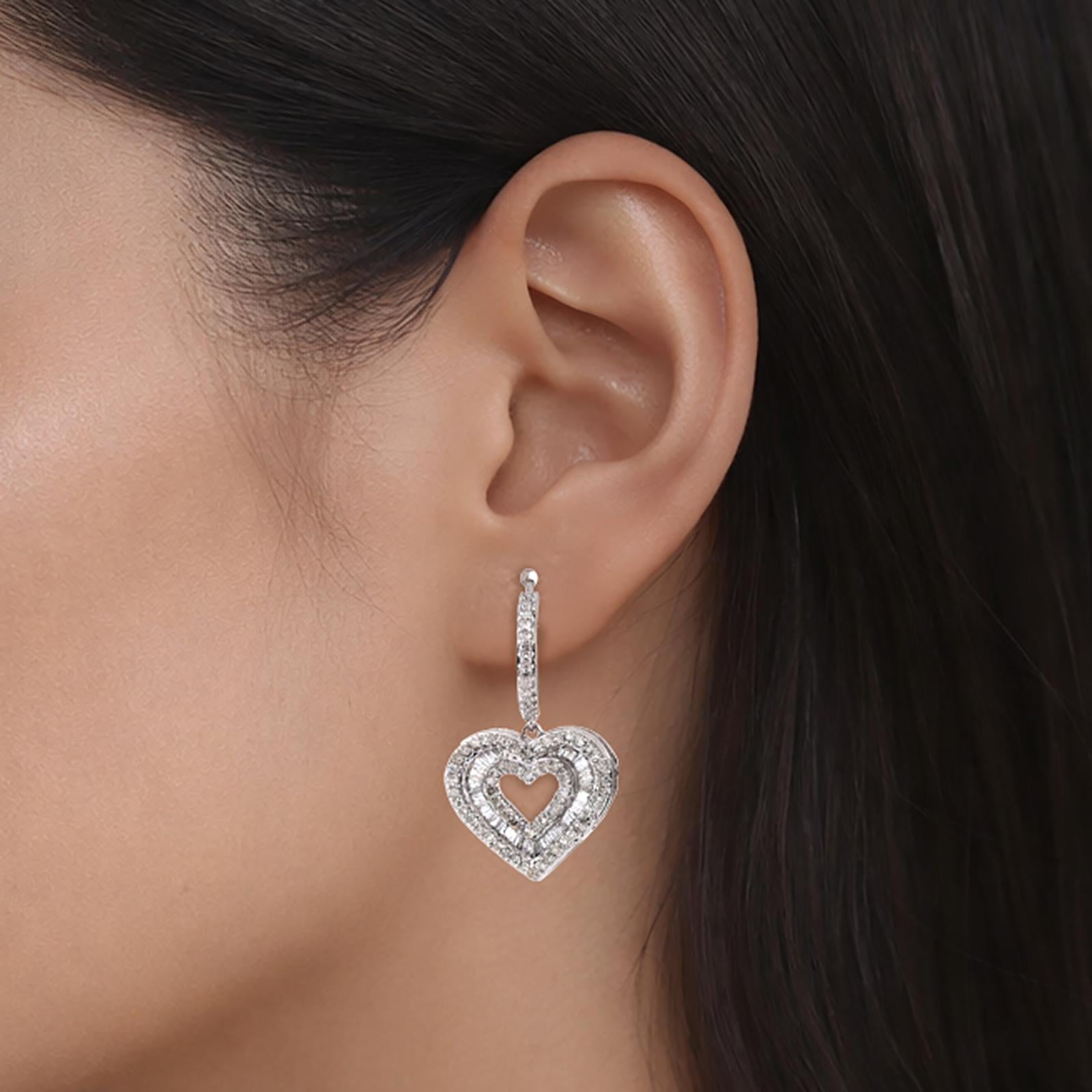 10K White Gold 2.50CT Diamond Double Heart Dangle Earrings Baguette Round 1.22"