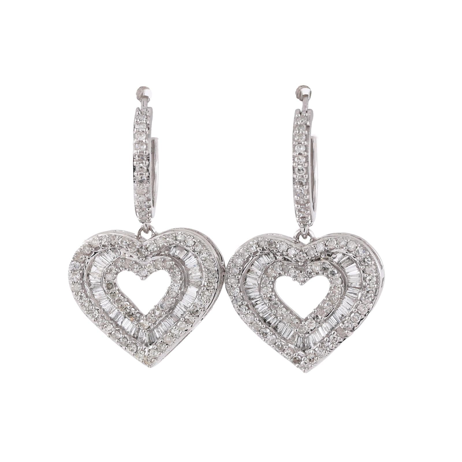 10K White Gold 2.50CT Diamond Double Heart Dangle Earrings Baguette Round 1.22"