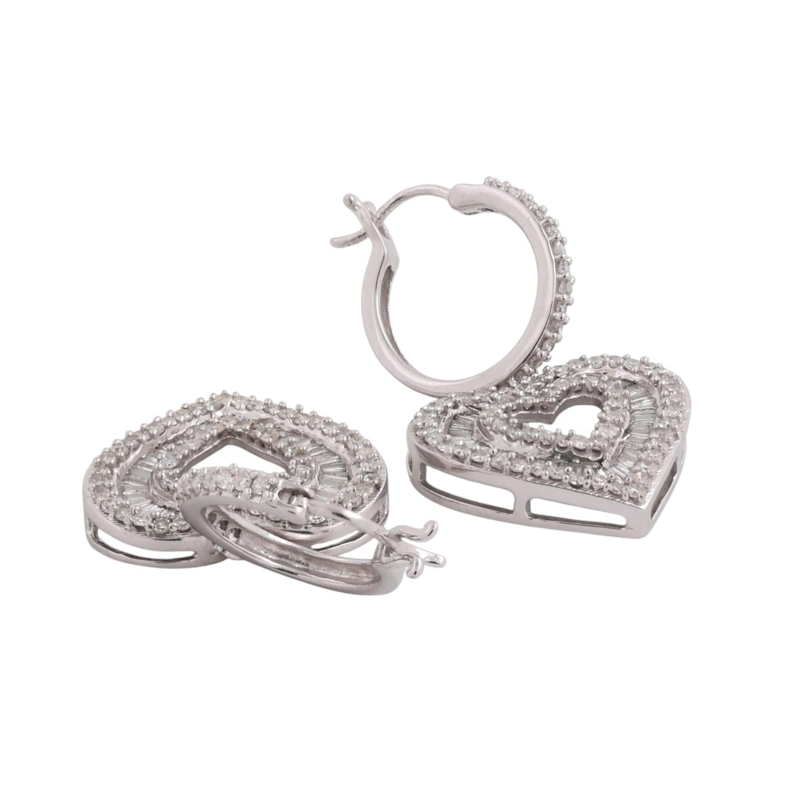 10K White Gold 2.50CT Diamond Double Heart Dangle Earrings Baguette Round 1.22"