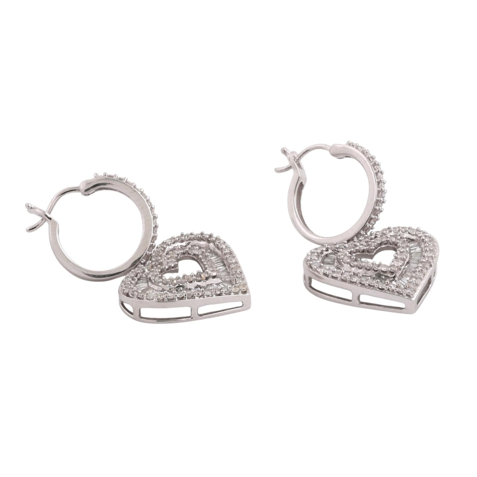 10K White Gold 2.50CT Diamond Double Heart Dangle Earrings Baguette Round 1.22"