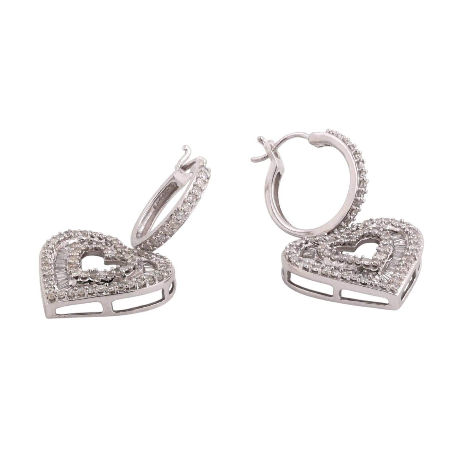 10K White Gold 2.50CT Diamond Double Heart Dangle Earrings Baguette Round 1.22"