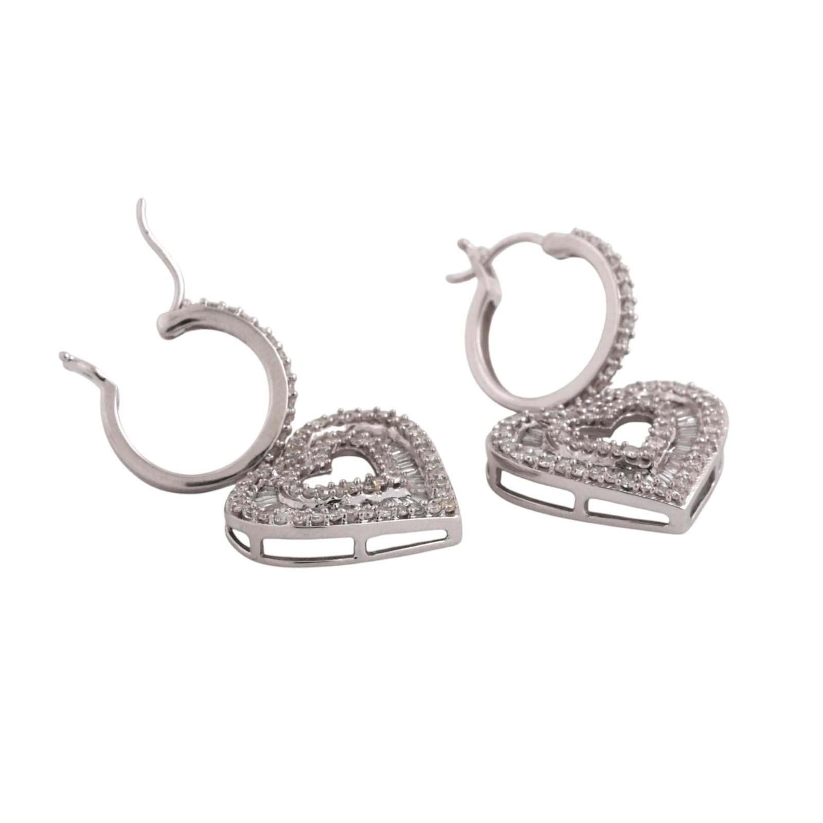 10K White Gold 2.50CT Diamond Double Heart Dangle Earrings Baguette Round 1.22"