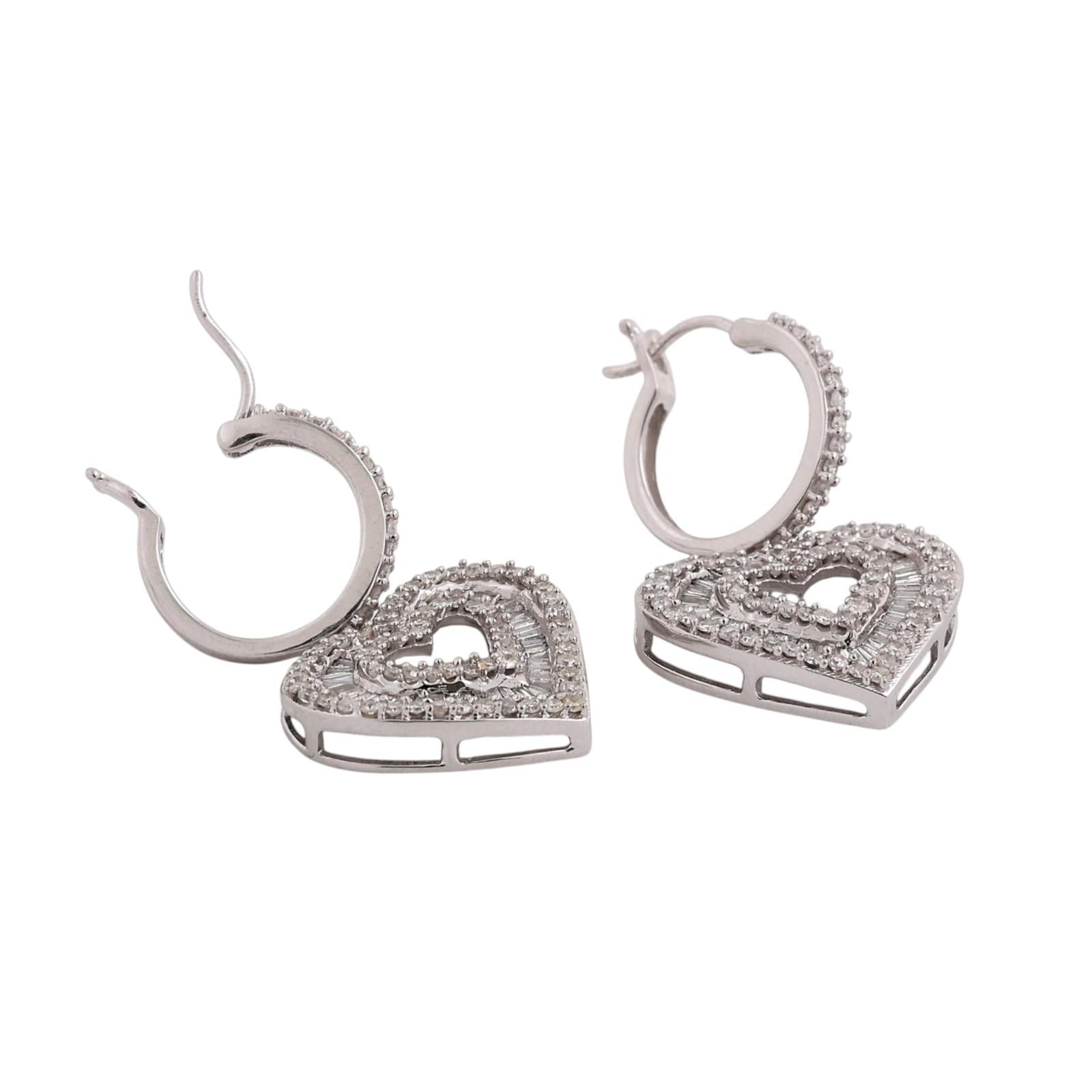 10K White Gold 2.50CT Diamond Double Heart Dangle Earrings Baguette Round 1.22"
