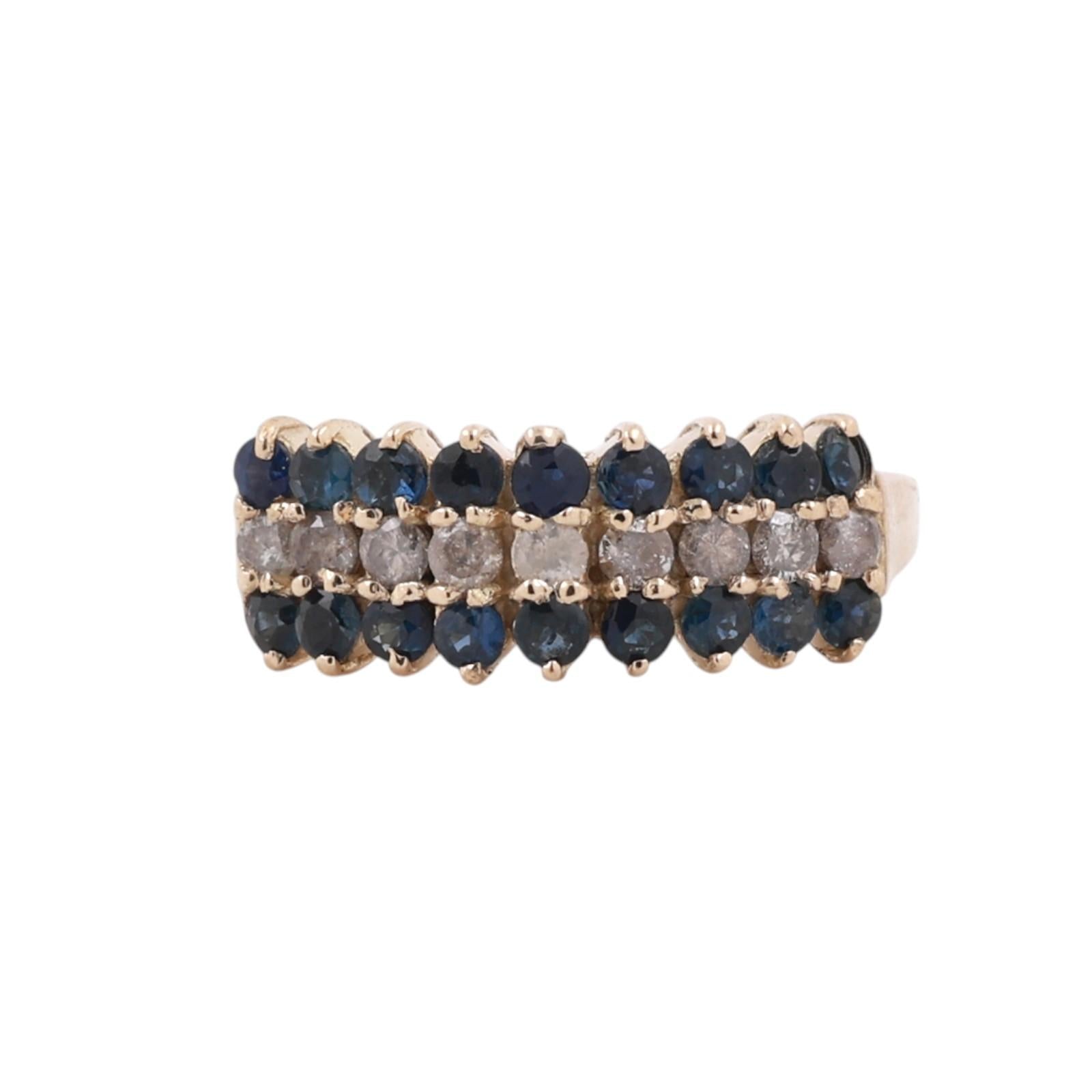 14K Yellow Gold Sapphire Diamond Triple Row Band Ring 0.74CTW Size 6.5