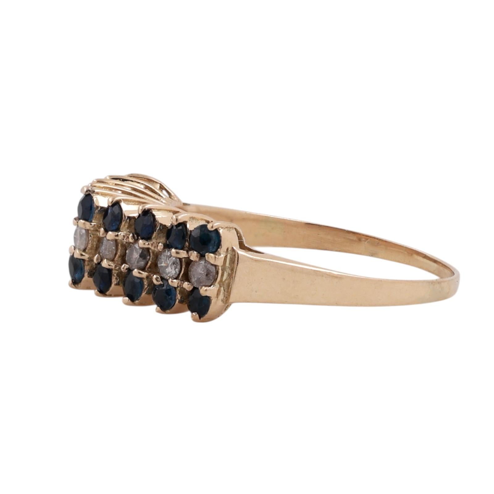 14K Yellow Gold Sapphire Diamond Triple Row Band Ring 0.74CTW Size 6.5