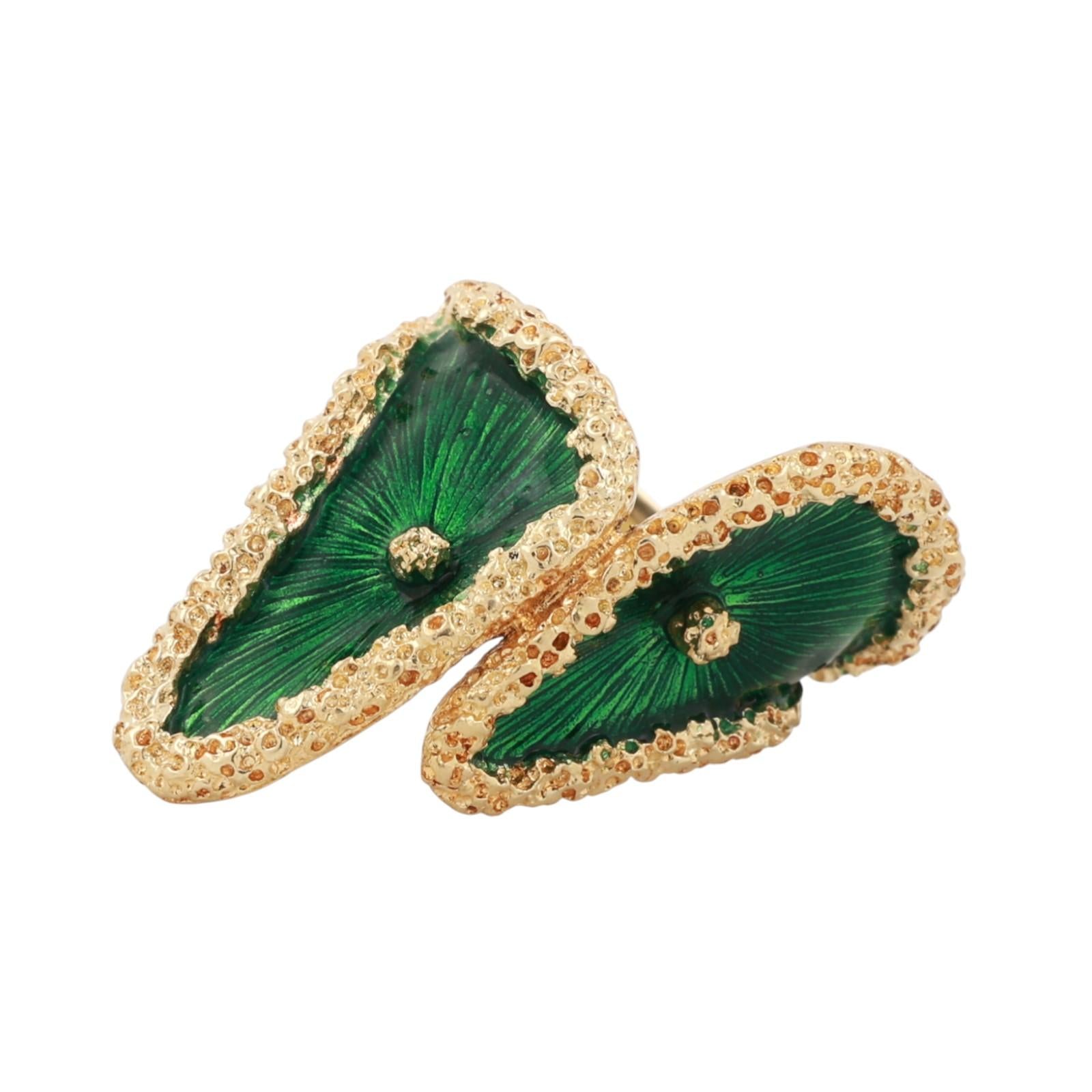 18K Yellow Gold Green Enamel Statement Ring Size 5.5 Ladies Estate