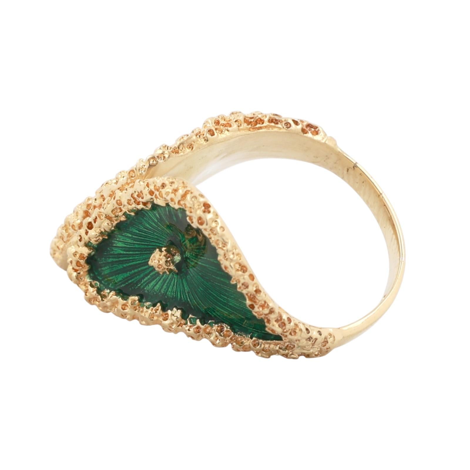 18K Yellow Gold Green Enamel Statement Ring Size 5.5 Ladies Estate
