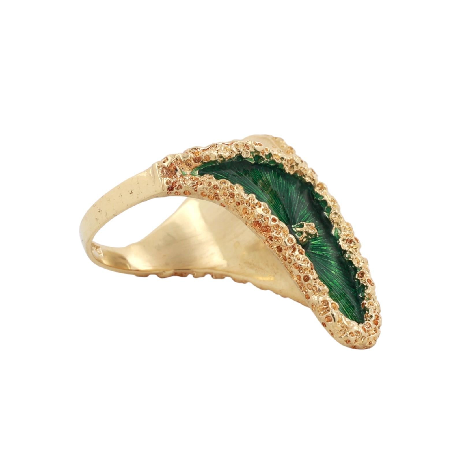 18K Yellow Gold Green Enamel Statement Ring Size 5.5 Ladies Estate