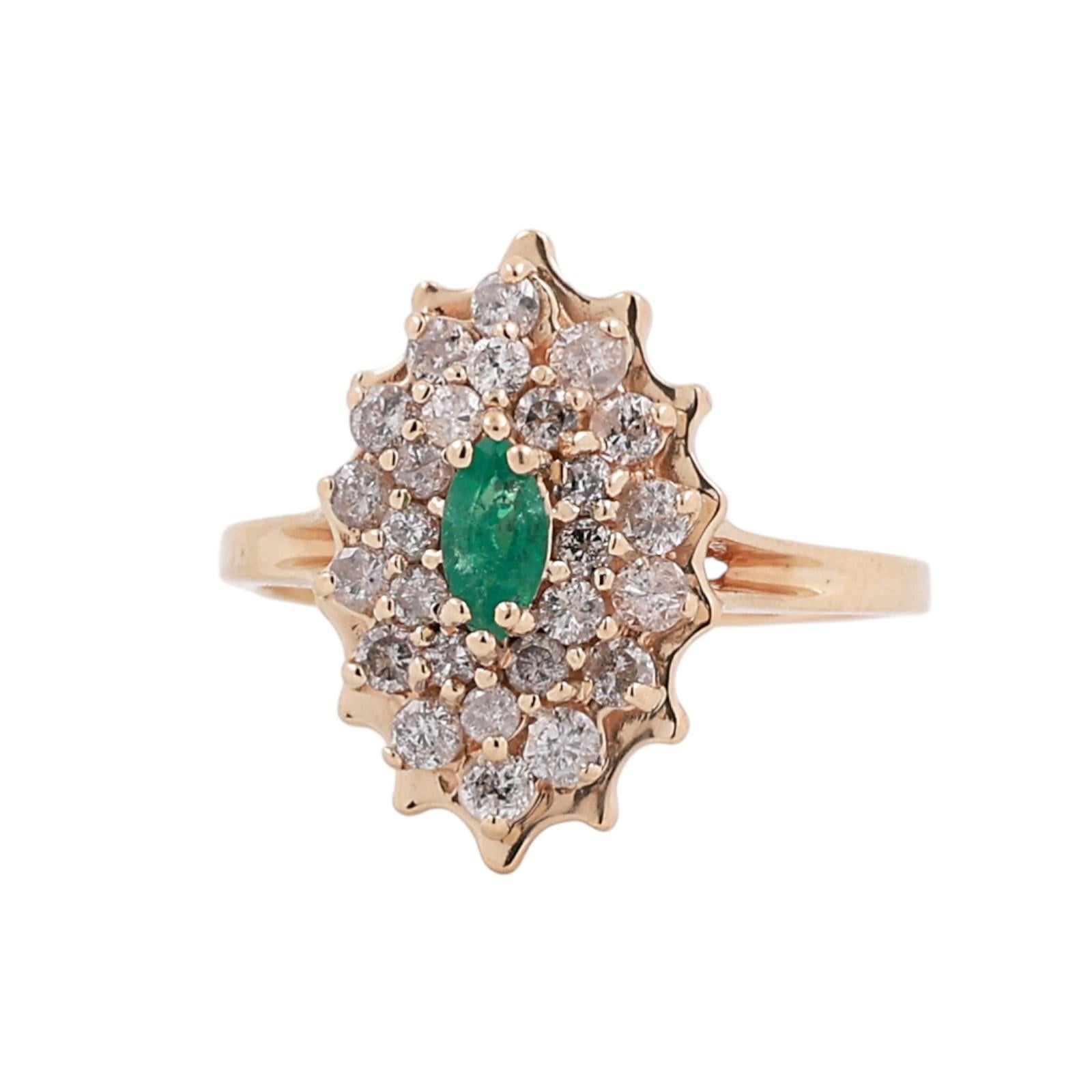 Emerald Diamond Floral Halo Ring 14K Yellow Gold 0.83 CTW Size 7.75 Ladies