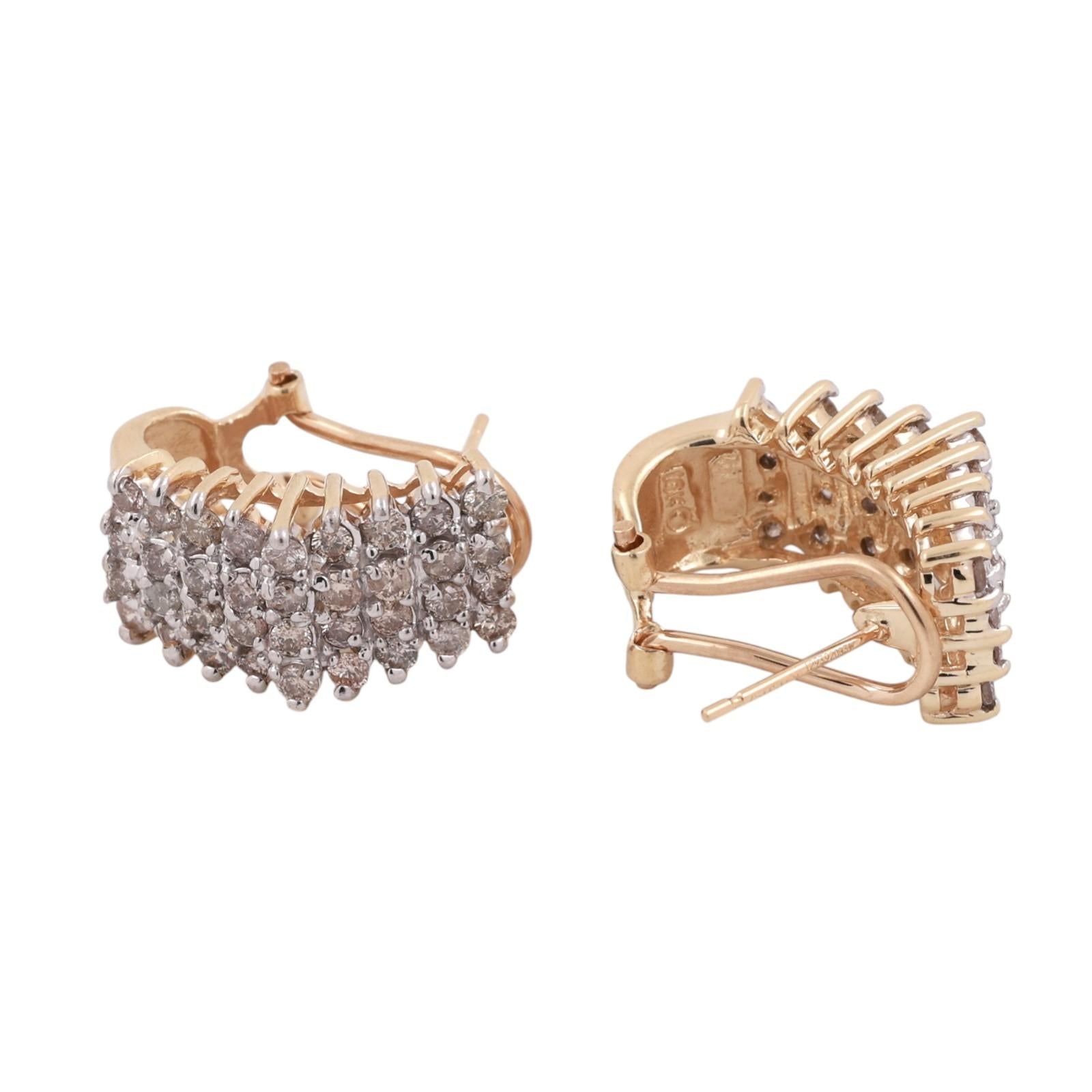 4-Row Diamond J Hoop Dome Earrings 10K Gold 2.00 TW Omega Backs 0.60" Ladies