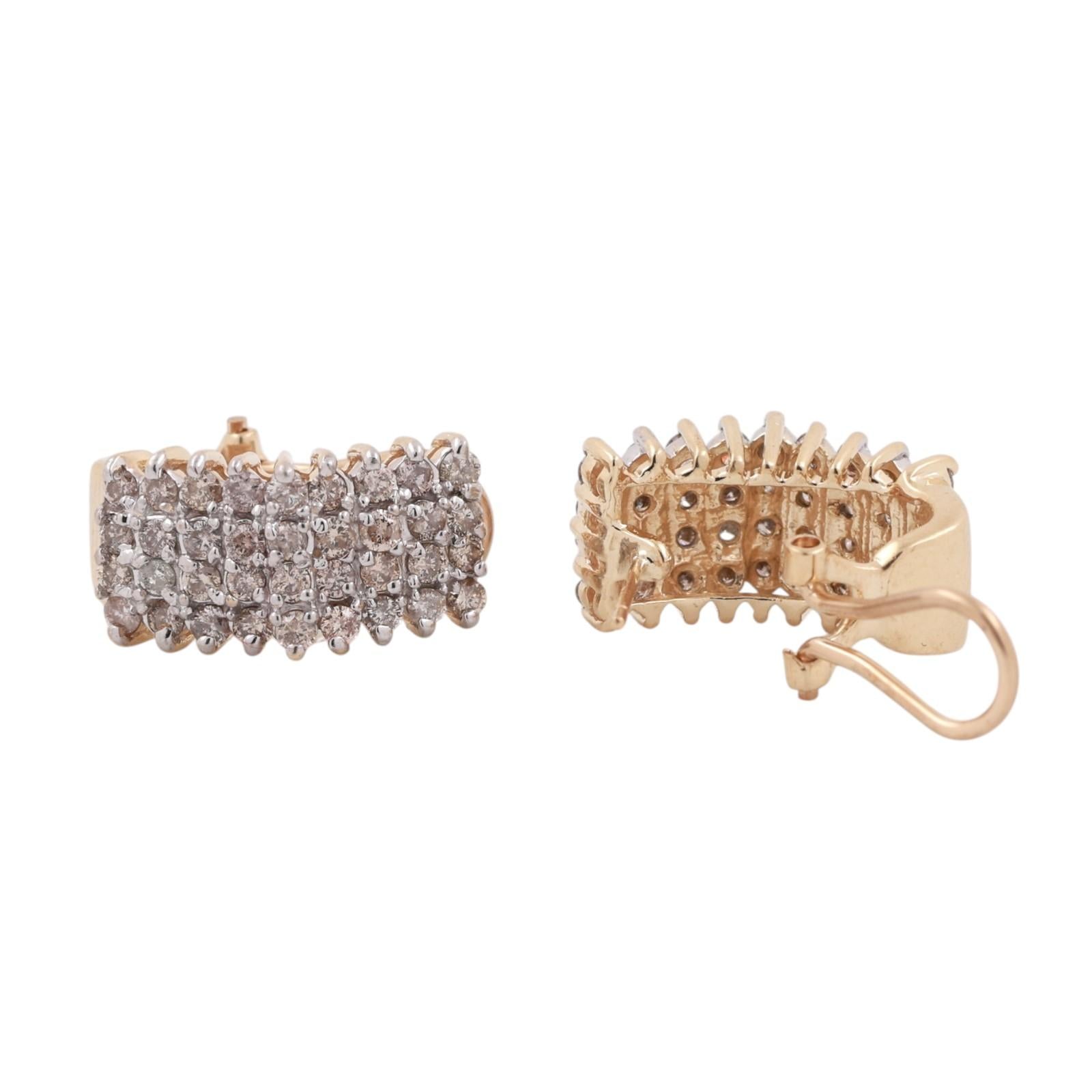 4-Row Diamond J Hoop Dome Earrings 10K Gold 2.00 TW Omega Backs 0.60" Ladies