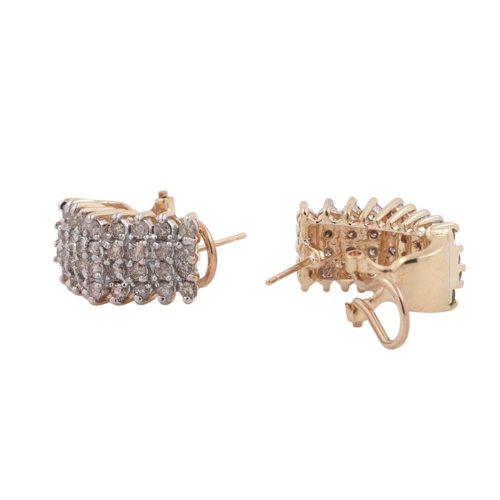 4-Row Diamond J Hoop Dome Earrings 10K Gold 2.00 TW Omega Backs 0.60" Ladies