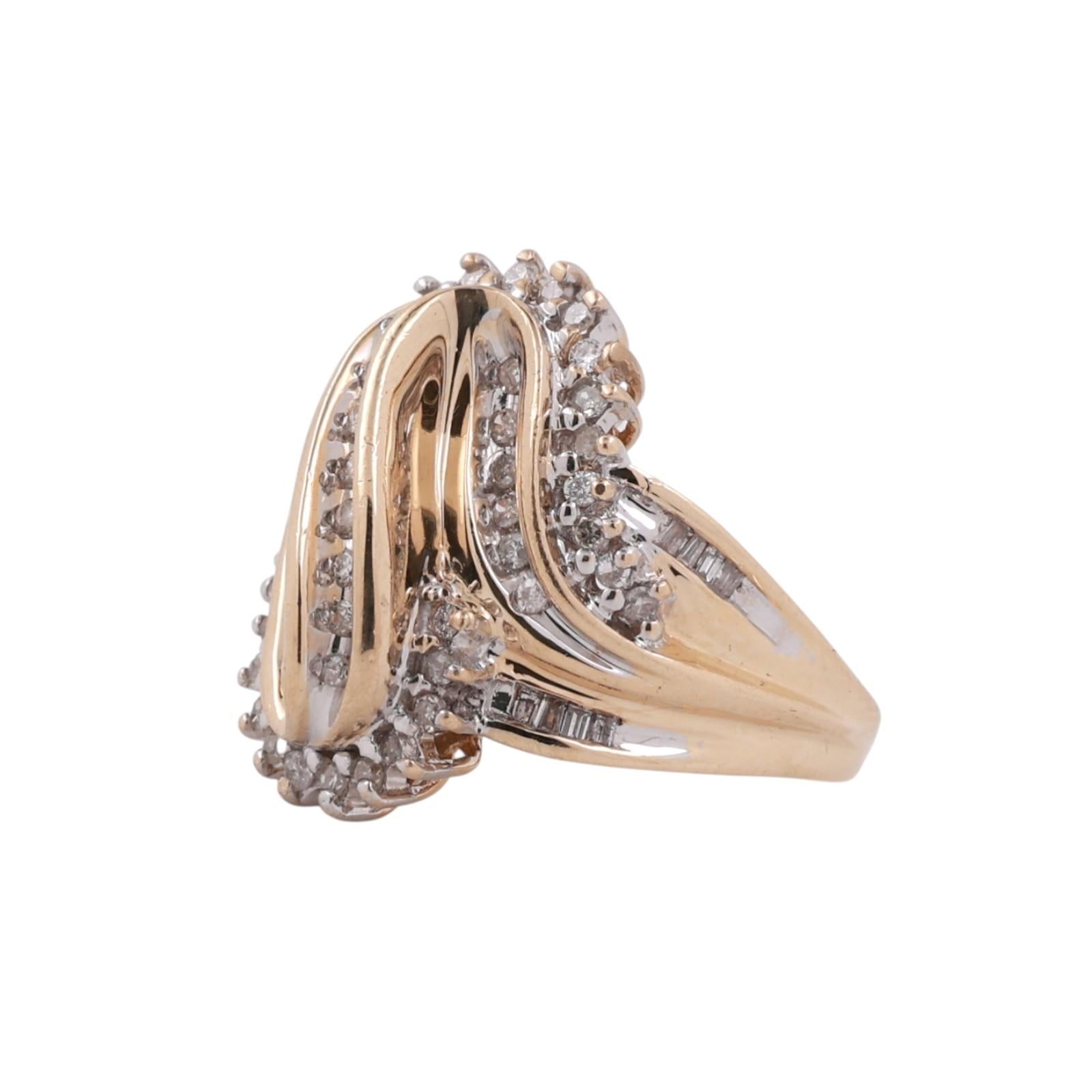 Round Baguette Diamond Swirl Statement Ring 14K Gold 0.65 TW Size 7.25