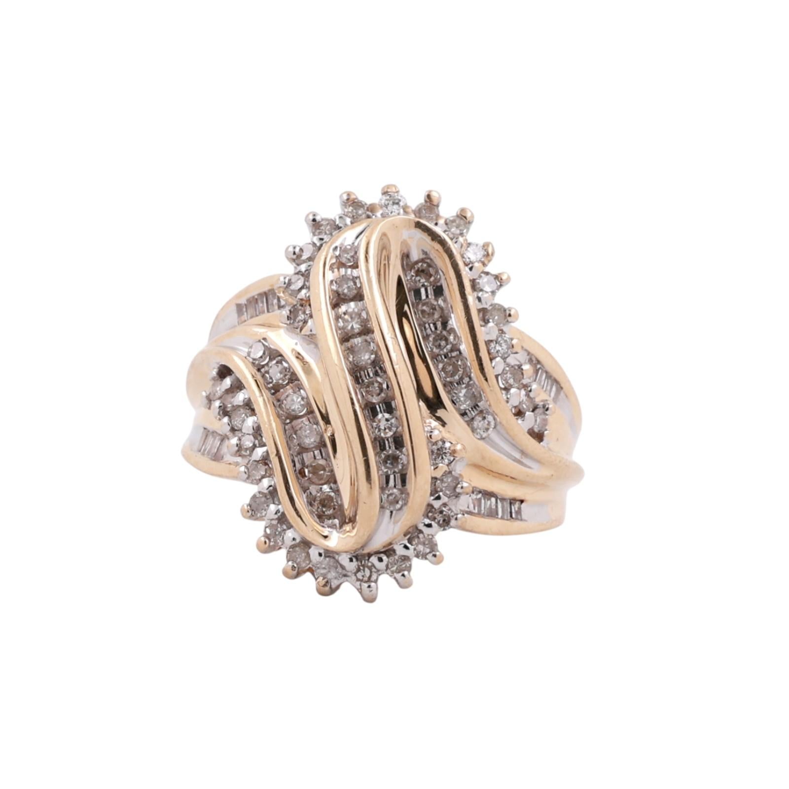 Round Baguette Diamond Swirl Statement Ring 14K Gold 0.65 TW Size 7.25