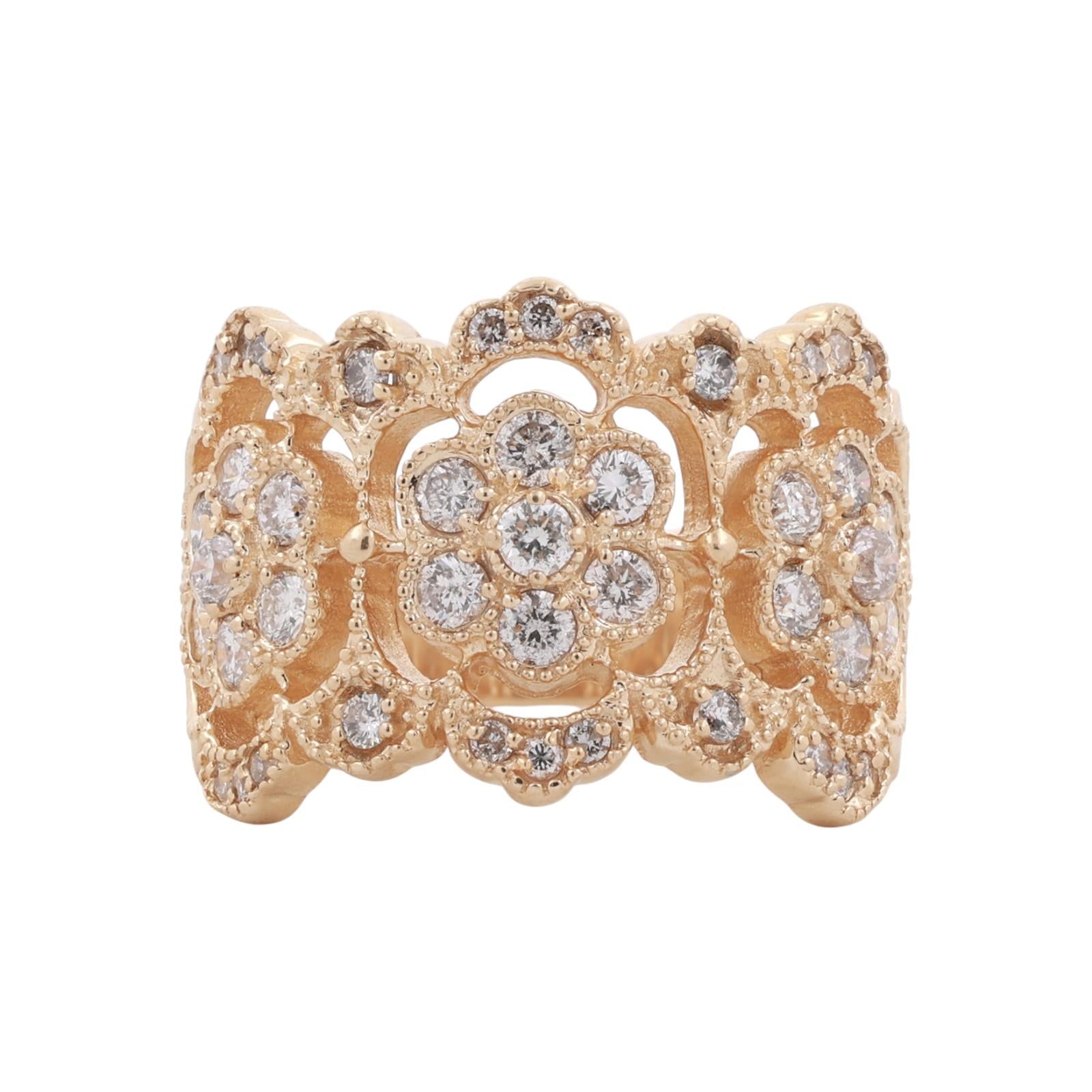 1.75 TW Diamond Floral Wide Band Ring 14K Yellow Gold Size 7.75 Ladies Estate