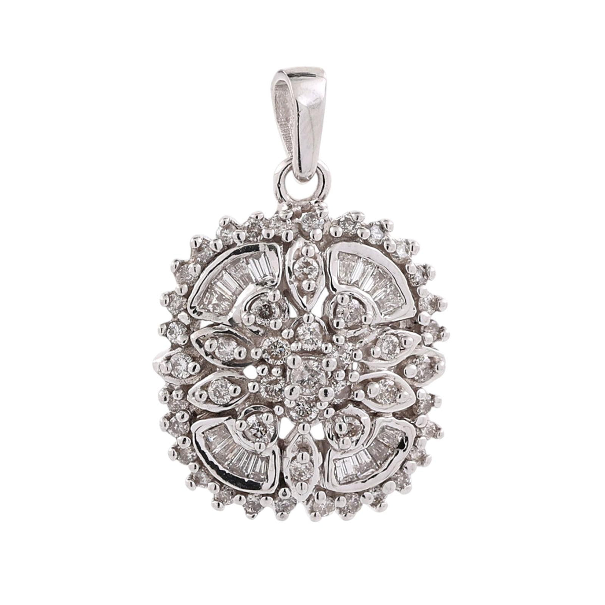Diamond Floral Cluster Pendant 14K White Gold 1.00 CTW Round Baguette