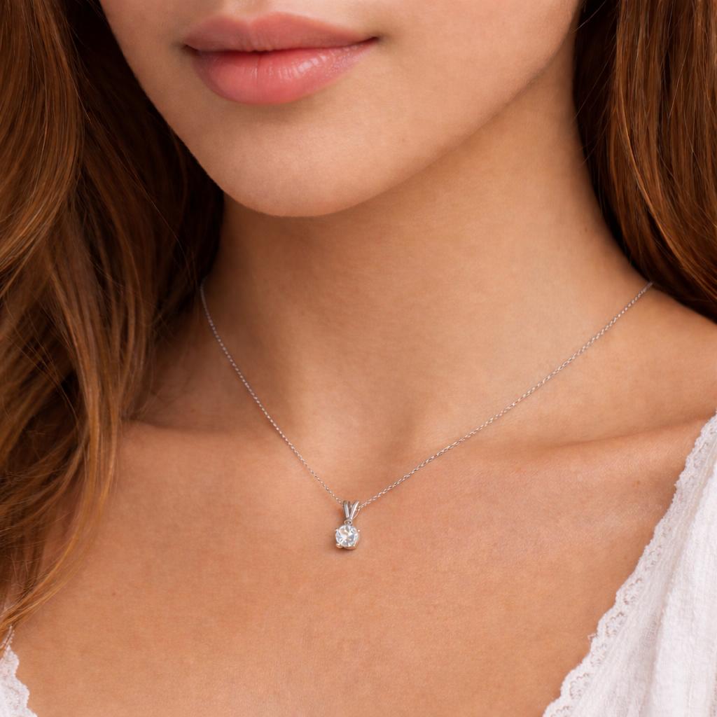 NEW 0.20 CT Round Diamond Solitaire 4-Prong Set Pendant 14K White Gold 0.33"