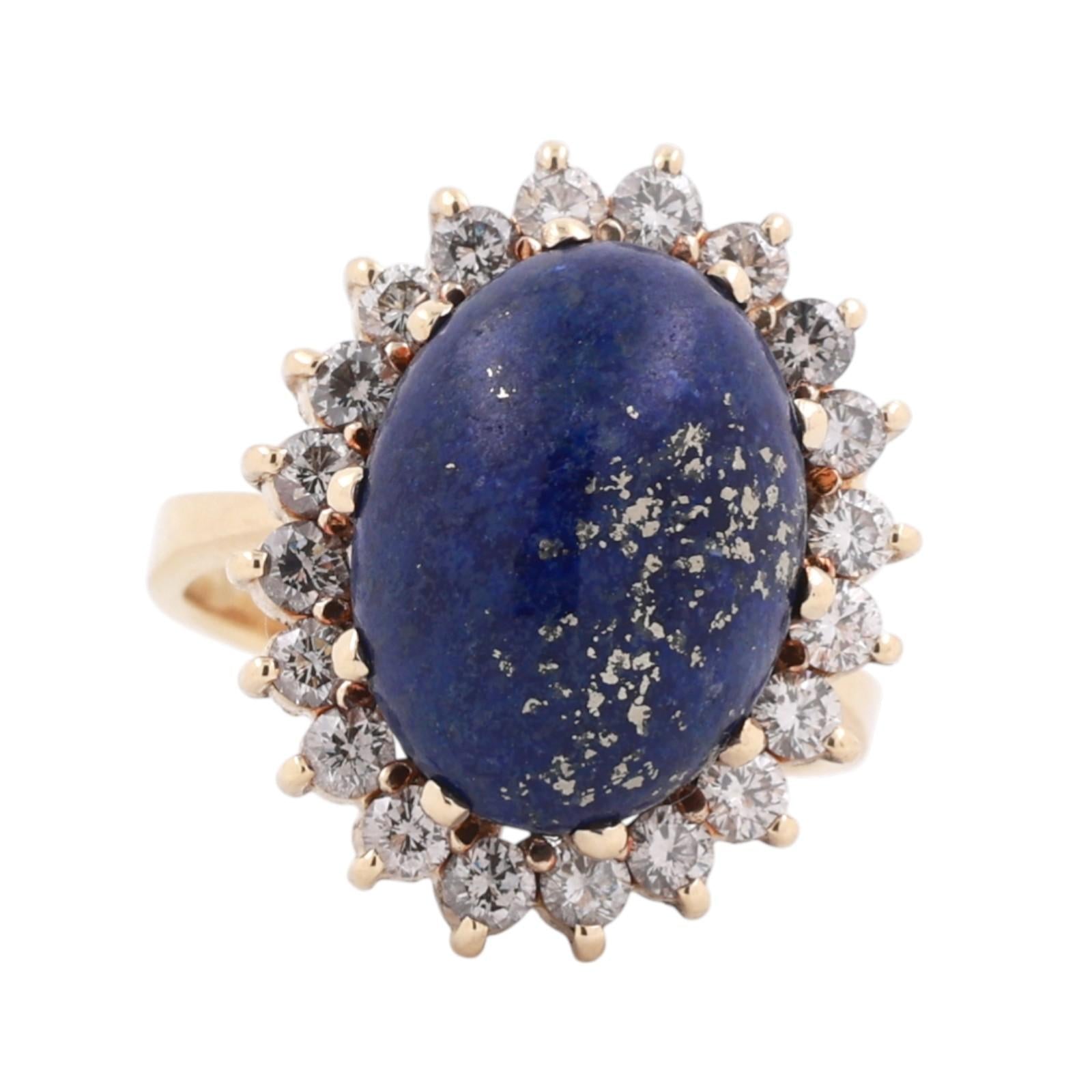 Vintage Lapis Lazuli Diamond Floral Statement Ring 14K Yellow Gold Size 8