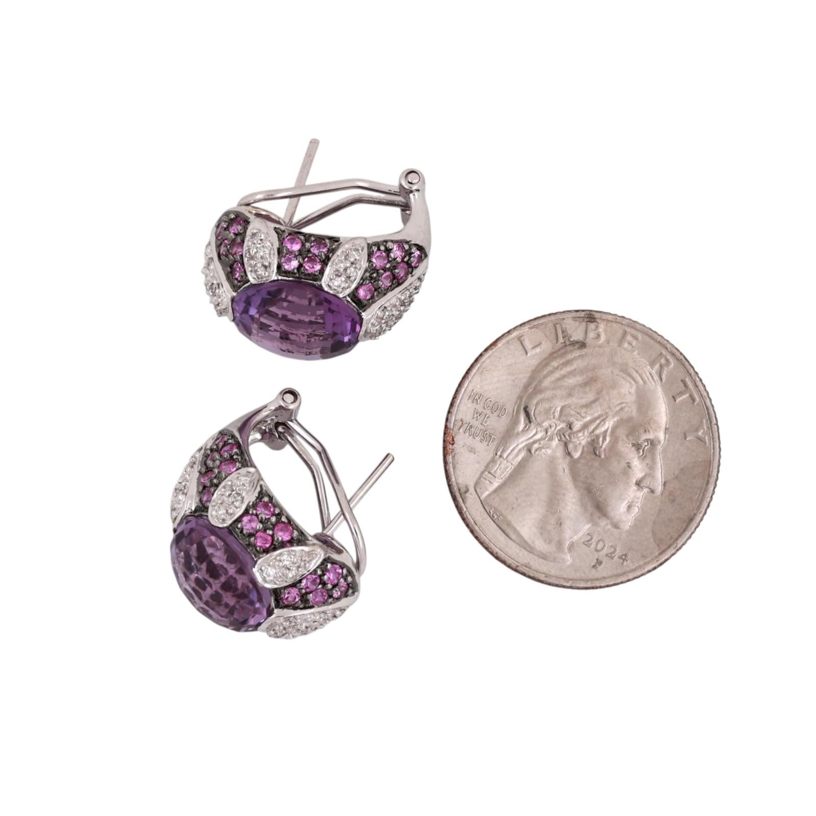 Pink Sapphire Amethyst Diamond Earrings 14K White Gold 9.00 CTW 0.47" Ladies