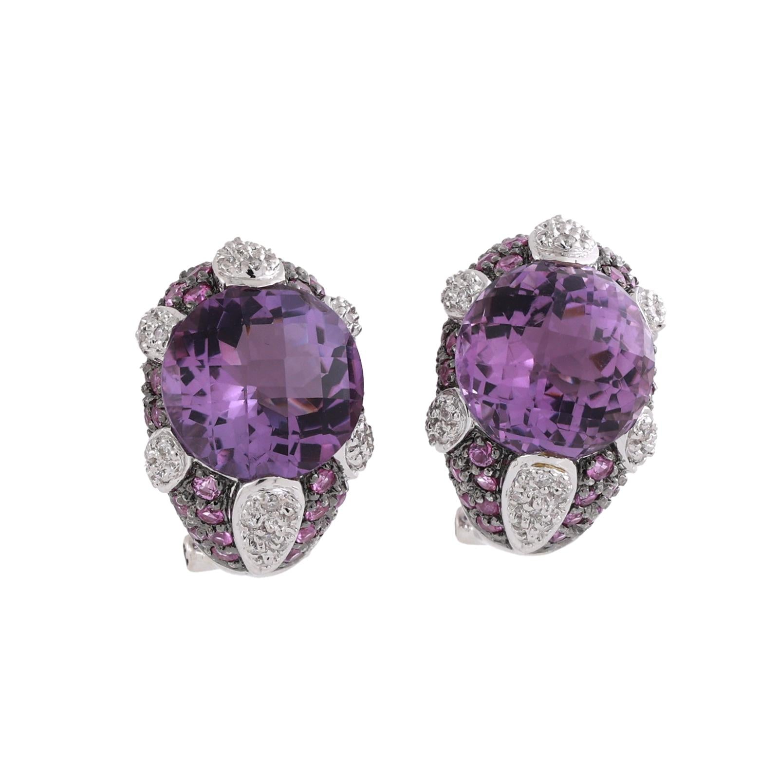 Pink Sapphire Amethyst Diamond Earrings 14K White Gold 9.00 CTW 0.47" Ladies